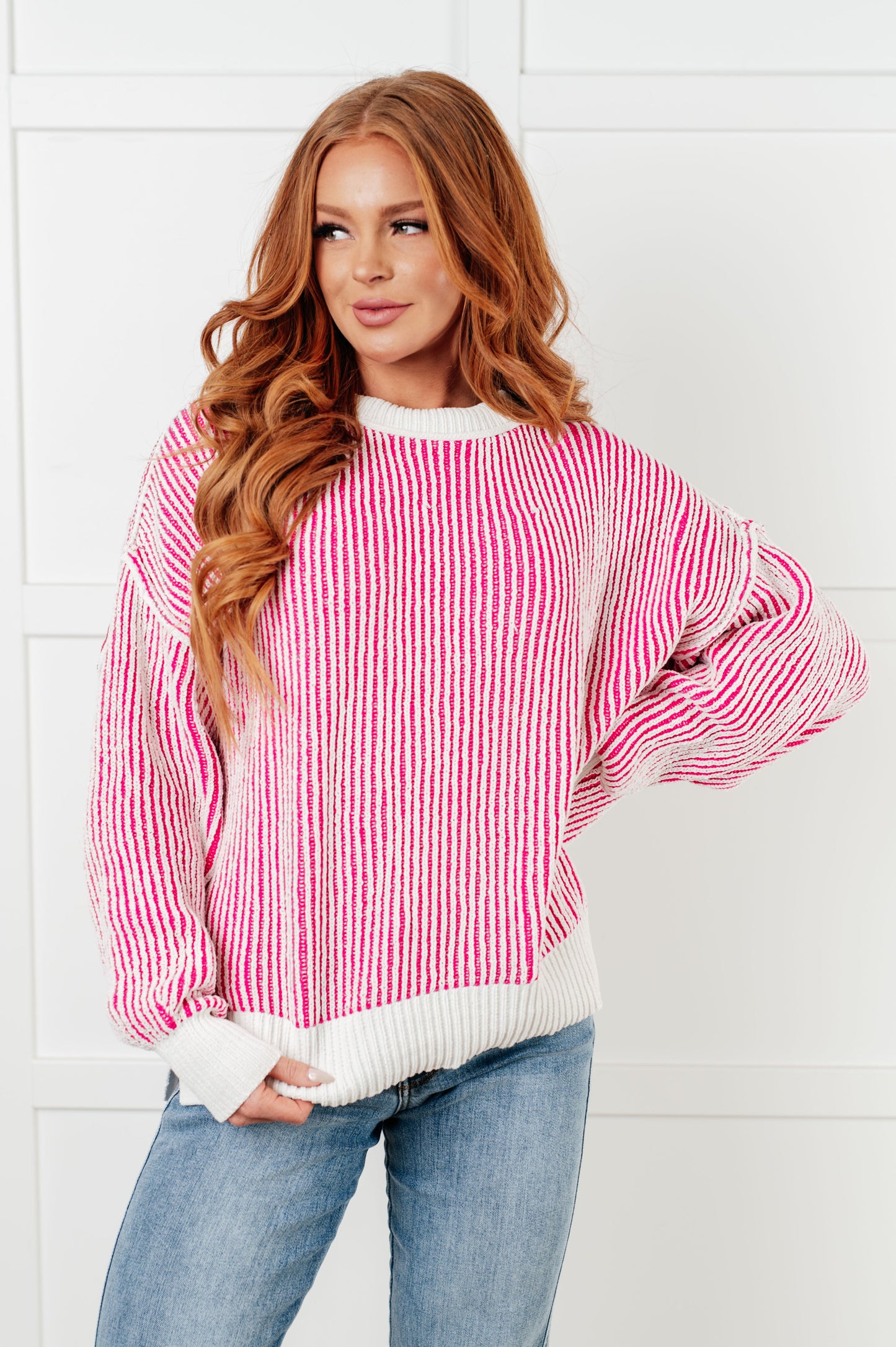 Least High Maintenance Contrast Trim Sweater in Pink-Tops-Modish Lily, Tecumseh Michigan