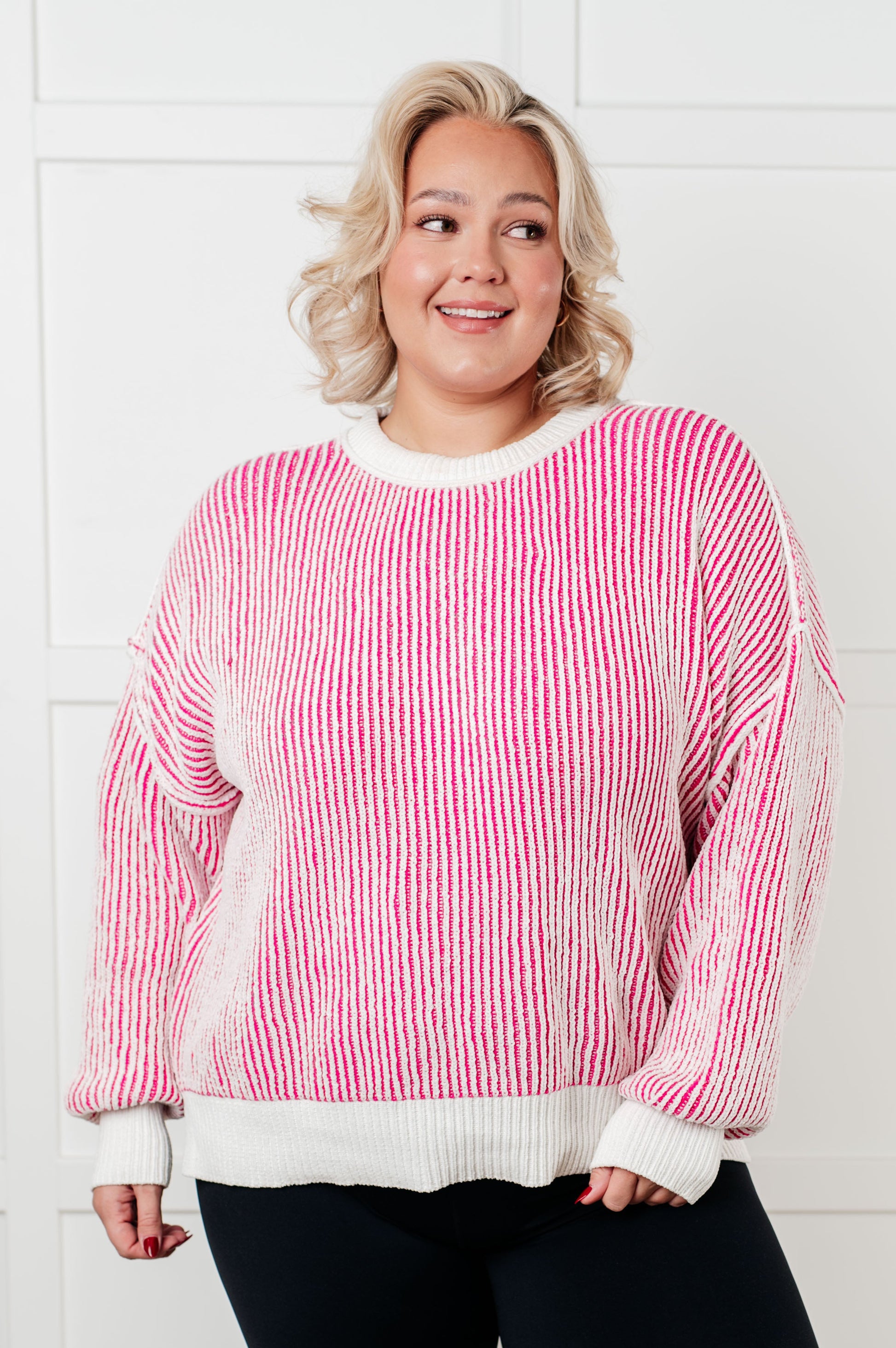 Least High Maintenance Contrast Trim Sweater in Pink-Tops-Modish Lily, Tecumseh Michigan