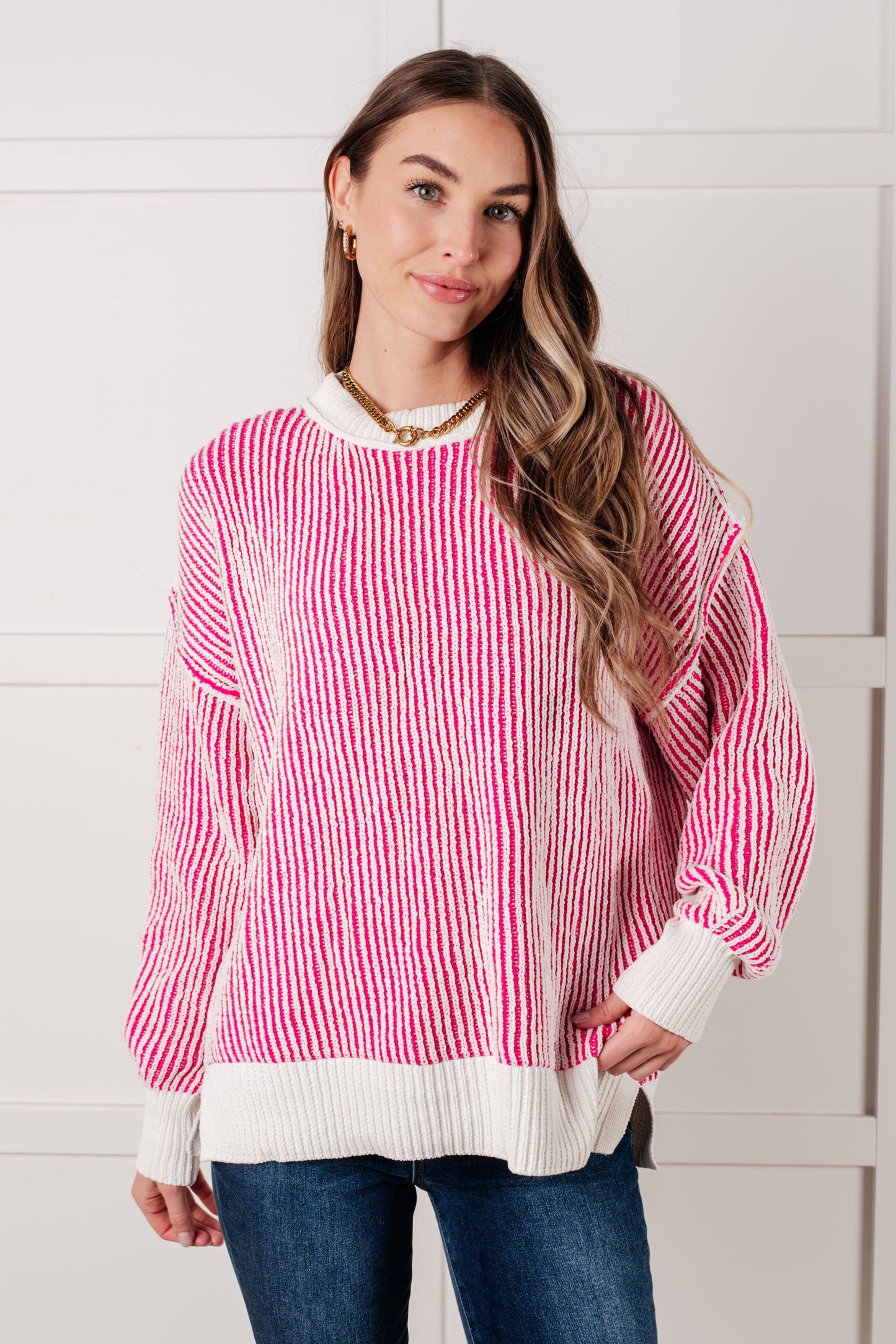 Least High Maintenance Contrast Trim Sweater in Pink-Tops-Modish Lily, Tecumseh Michigan