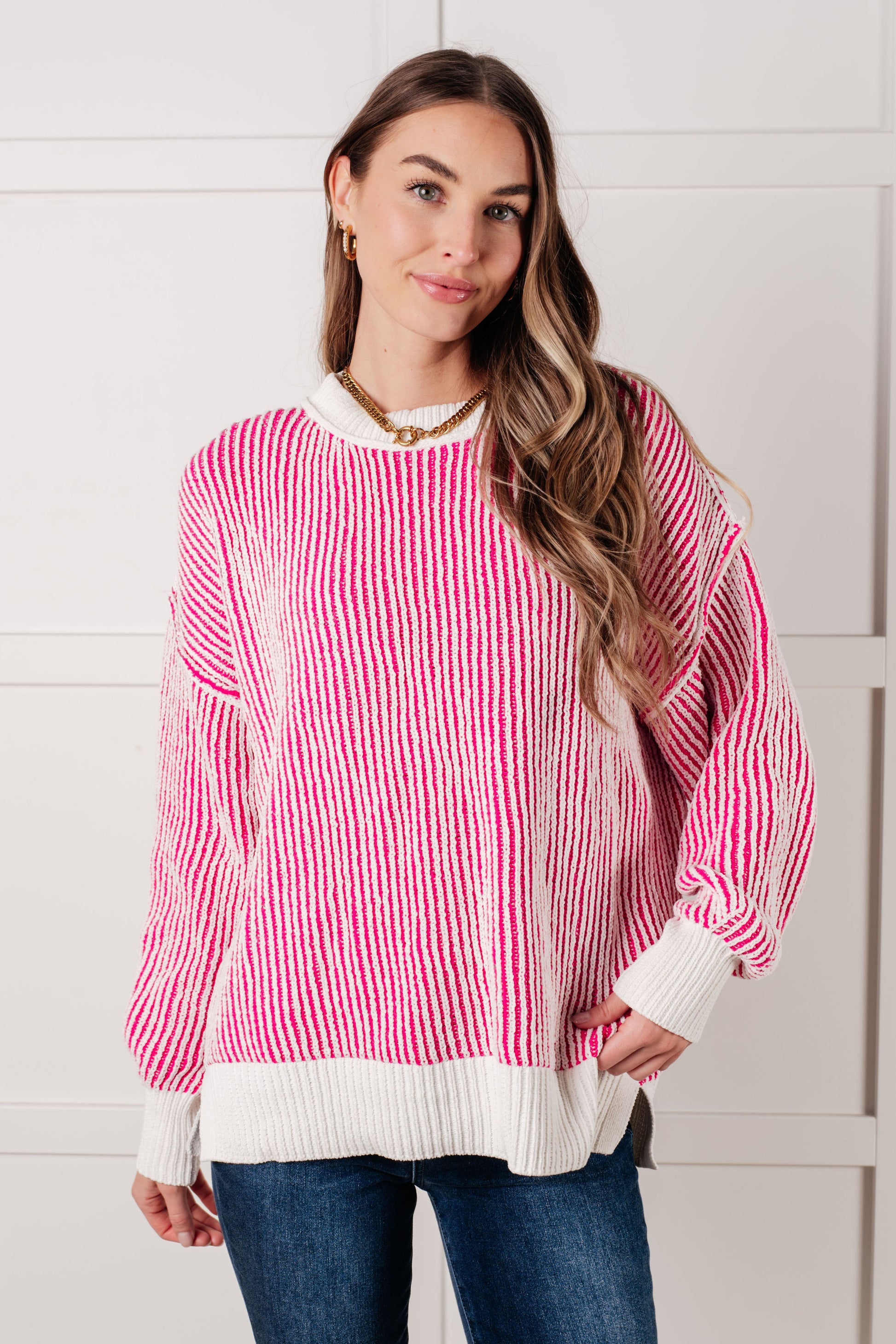 Least High Maintenance Contrast Trim Sweater in Pink-Tops-Modish Lily, Tecumseh Michigan