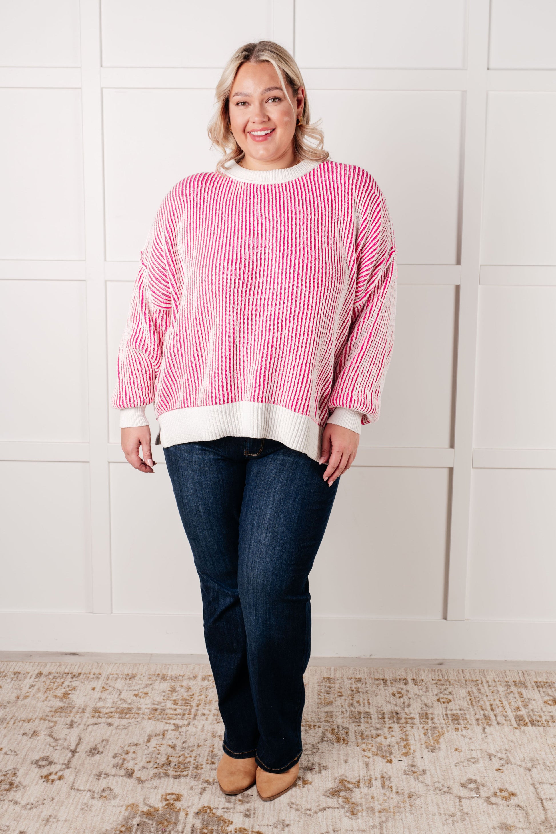 Least High Maintenance Contrast Trim Sweater in Pink-Tops-Modish Lily, Tecumseh Michigan