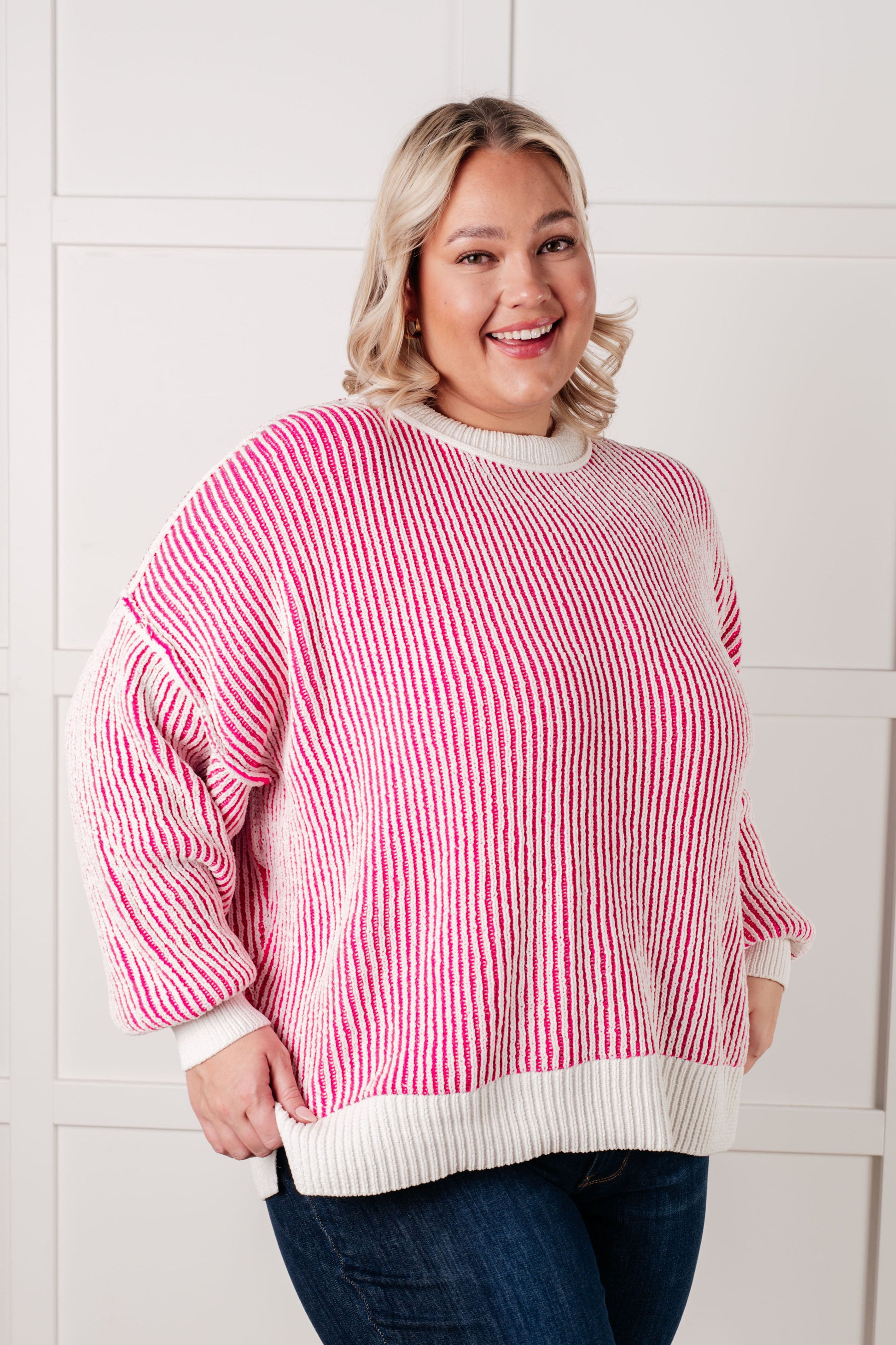 Least High Maintenance Contrast Trim Sweater in Pink-Tops-Modish Lily, Tecumseh Michigan