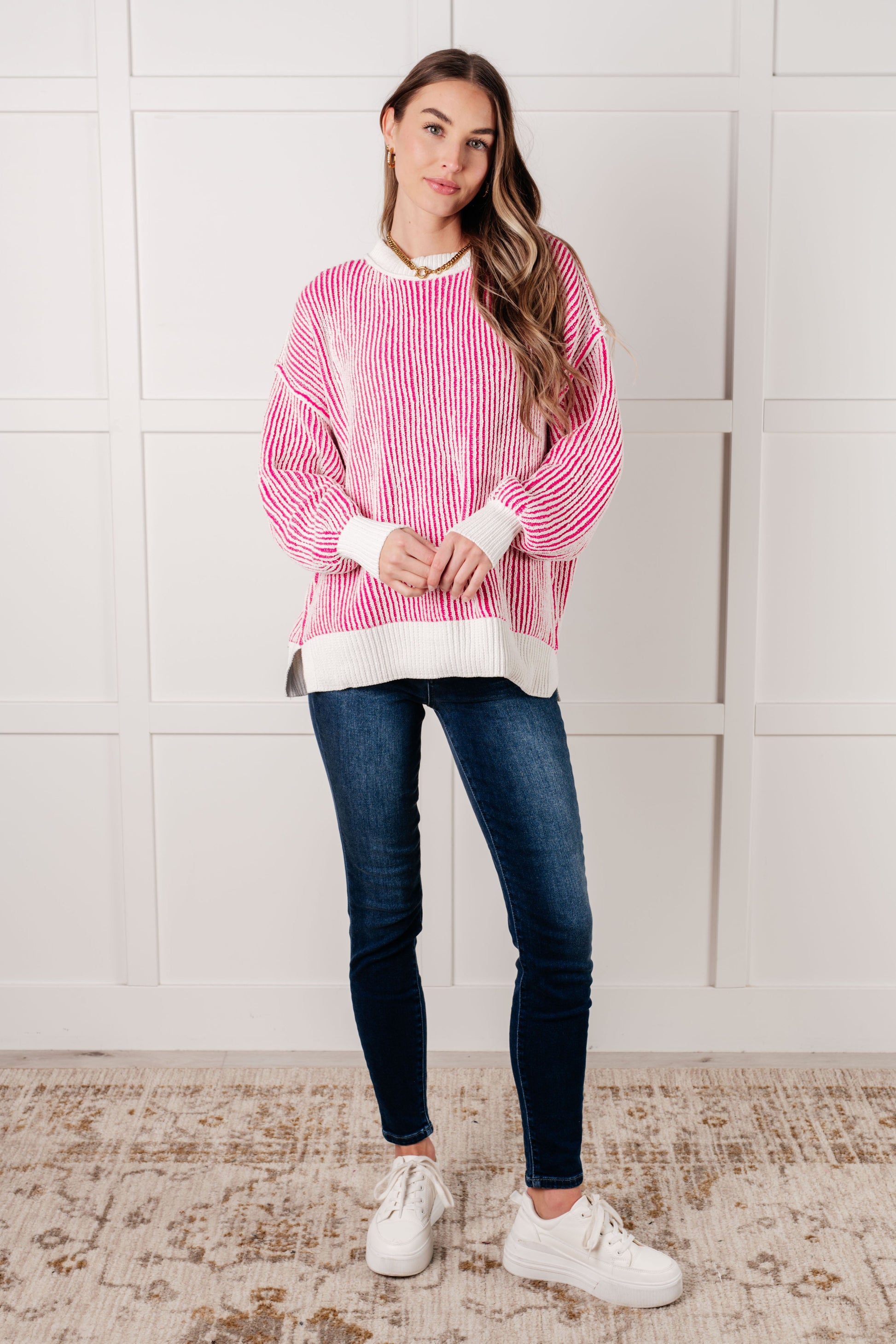 Least High Maintenance Contrast Trim Sweater in Pink-Tops-Modish Lily, Tecumseh Michigan