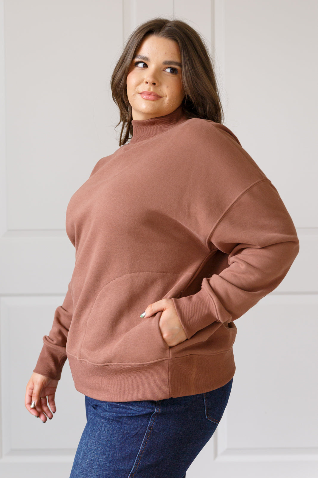 Make No Mistake Mock Neck Pullover in Cocoa-Tops-Modish Lily, Tecumseh Michigan