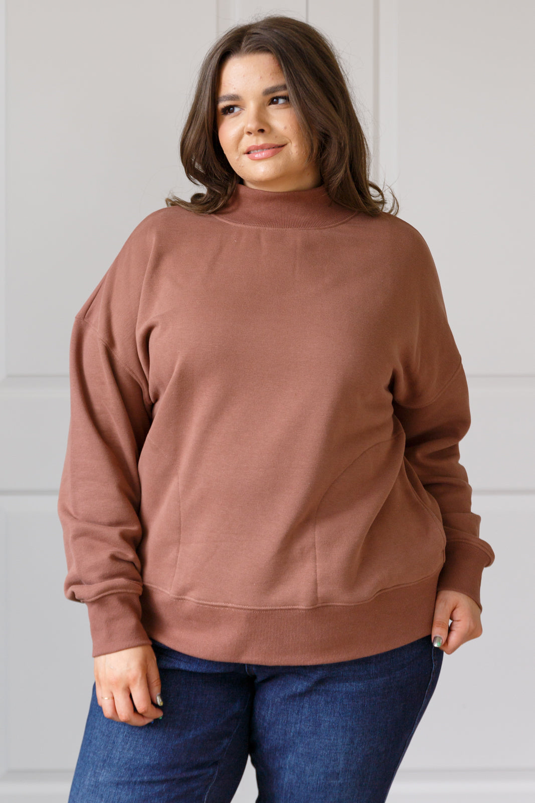 Make No Mistake Mock Neck Pullover in Cocoa-Tops-Modish Lily, Tecumseh Michigan