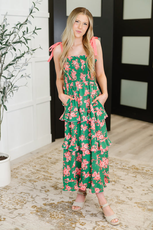 Low Effort, High Impact Tiered Dress in Green/Coral-Womens-Modish Lily, Tecumseh Michigan