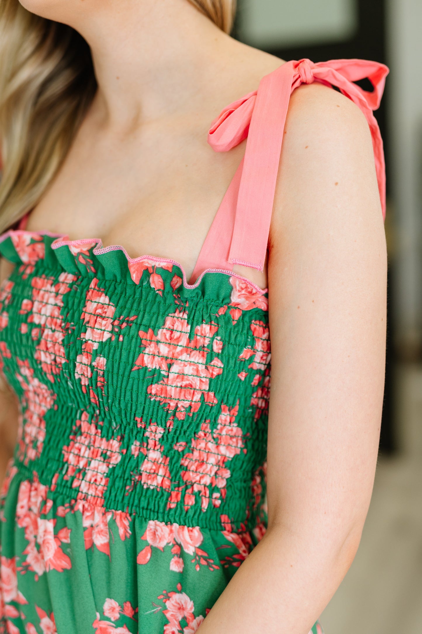 Low Effort, High Impact Tiered Dress in Green/Coral-Womens-Modish Lily, Tecumseh Michigan