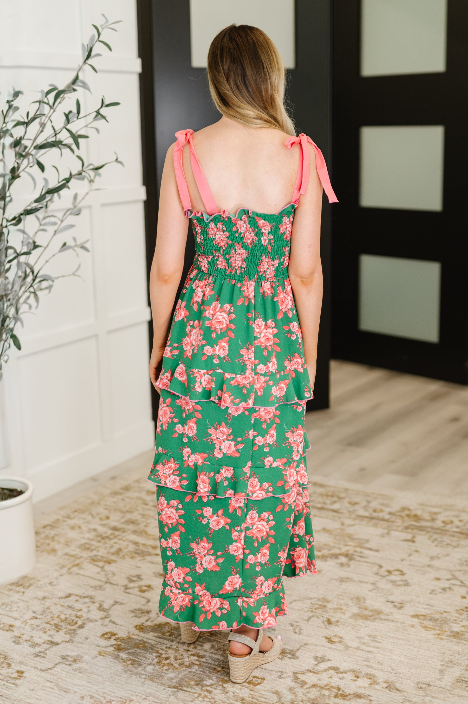 Low Effort, High Impact Tiered Dress in Green/Coral-Womens-Modish Lily, Tecumseh Michigan
