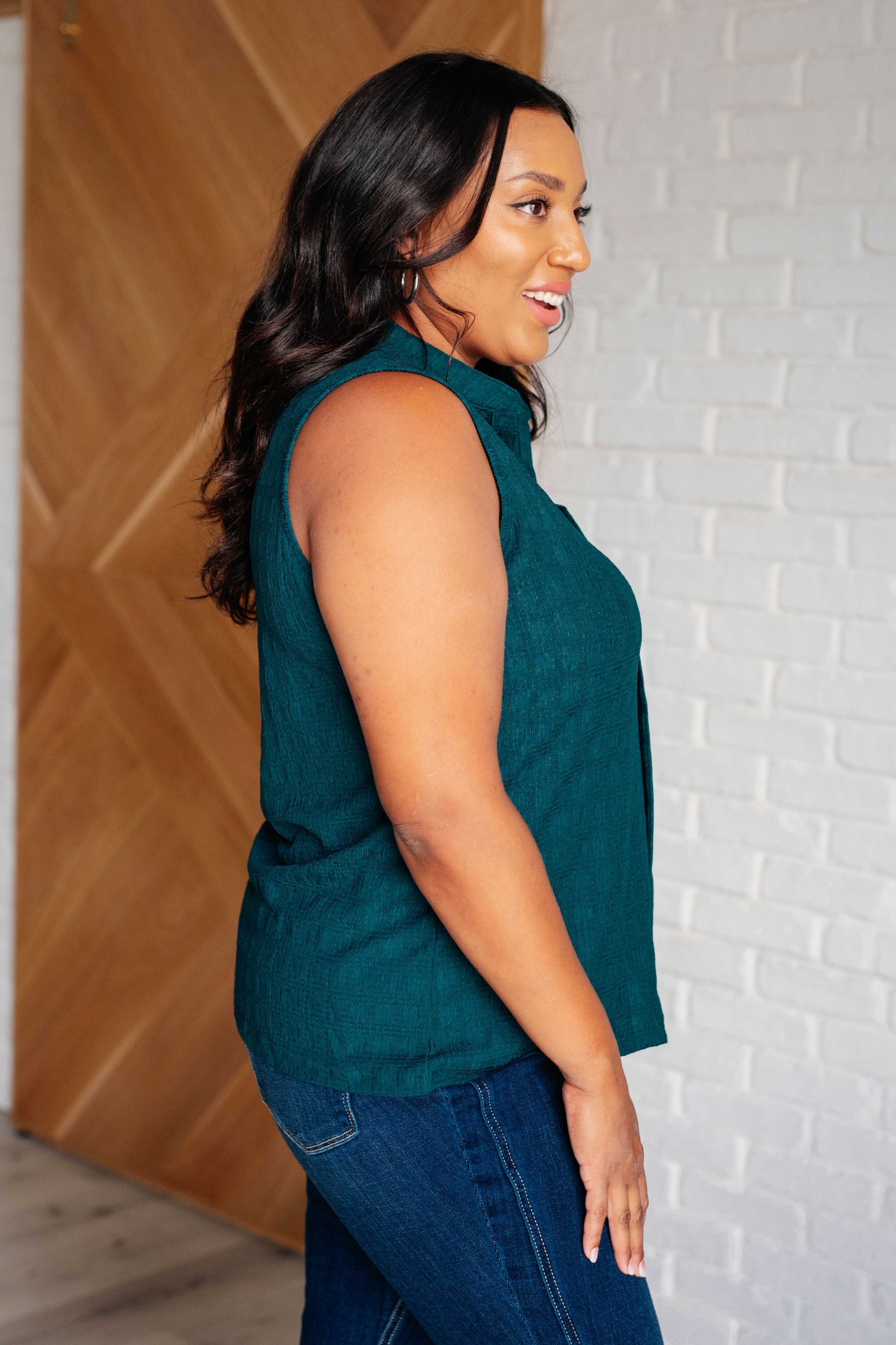 Matter of Fact Pleat Front Sleeveless Blouse in Sea Green-Blouses-Modish Lily, Tecumseh Michigan