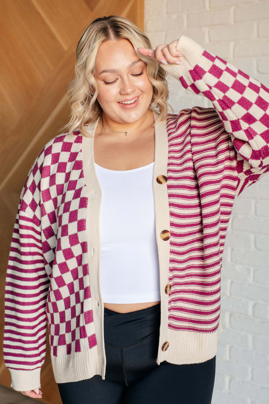 No Brainer Button Down Sweater Knit Cardigan in Magenta/Oatmeal-Layers-Modish Lily, Tecumseh Michigan