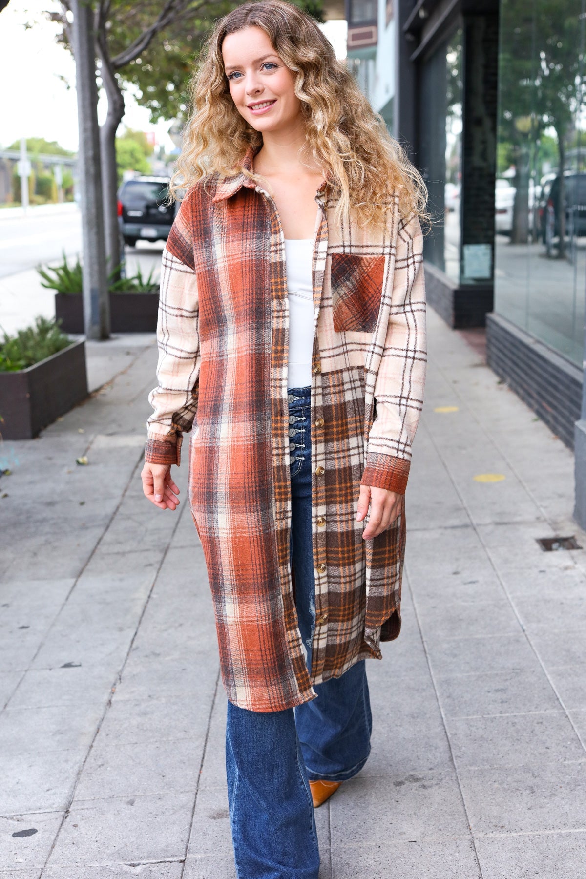 Stand Out Rust & Taupe Color Block Plaid Longline Shacket-Modish Lily, Tecumseh Michigan