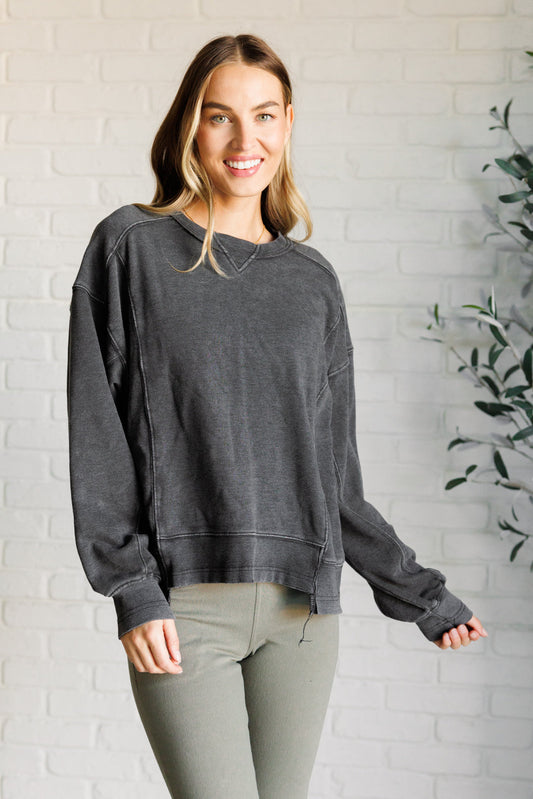 Quick Fix Mineral Wash Crew Neck Pullover in Black-Tops-Modish Lily, Tecumseh Michigan