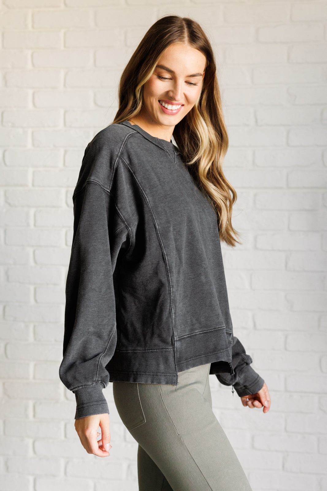 Quick Fix Mineral Wash Crew Neck Pullover in Black-Tops-Modish Lily, Tecumseh Michigan