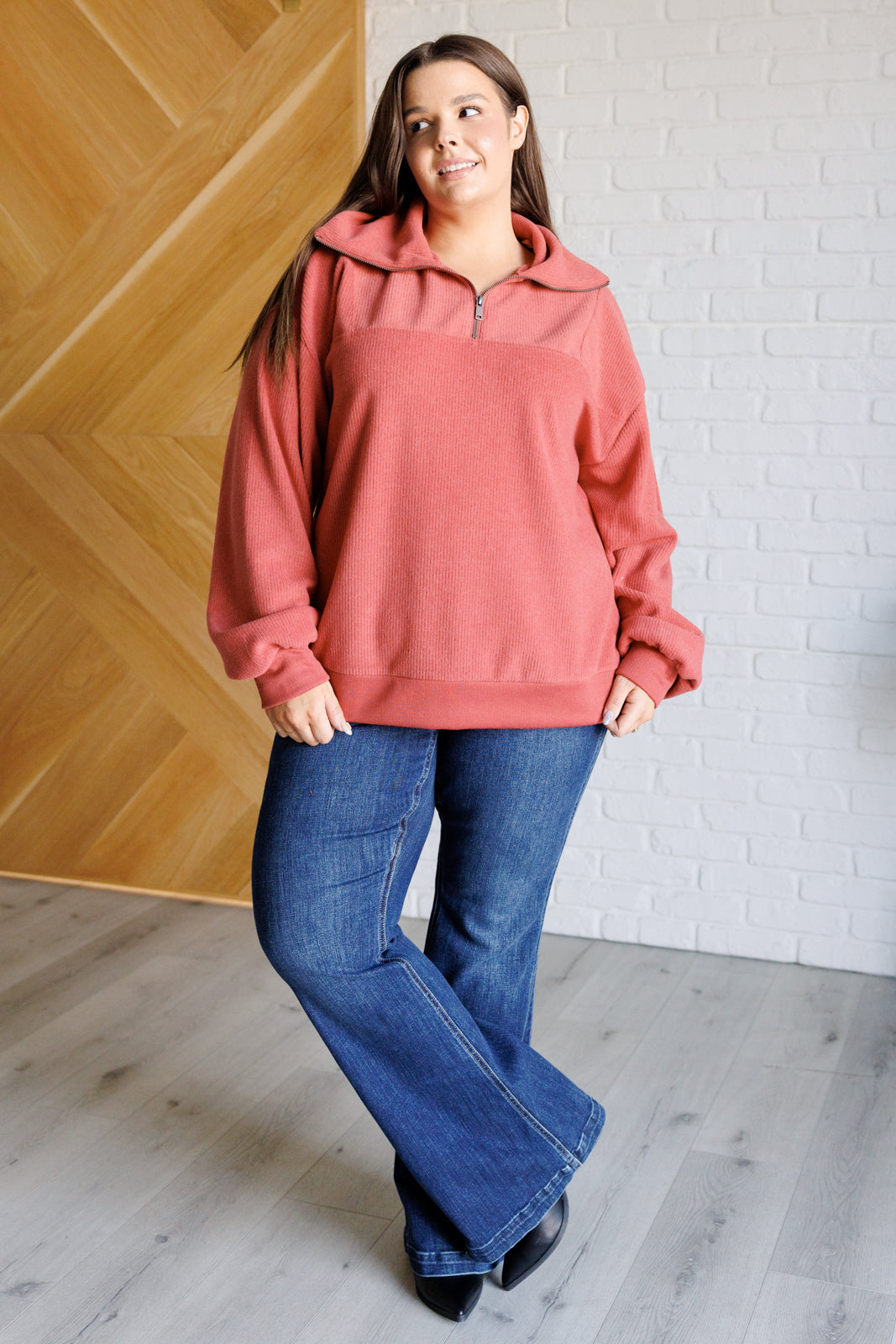 Quite the Impression Half Zip Pullover in Rust-Tops-Modish Lily, Tecumseh Michigan