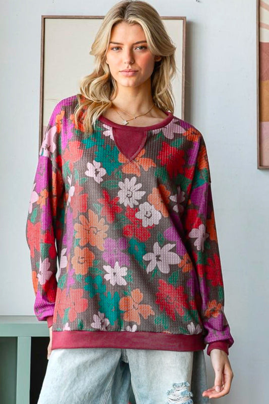 Look Adorable Brown/Multicolor Floral Waffle Terry Reverse Stitch Pullover-Modish Lily, Tecumseh Michigan