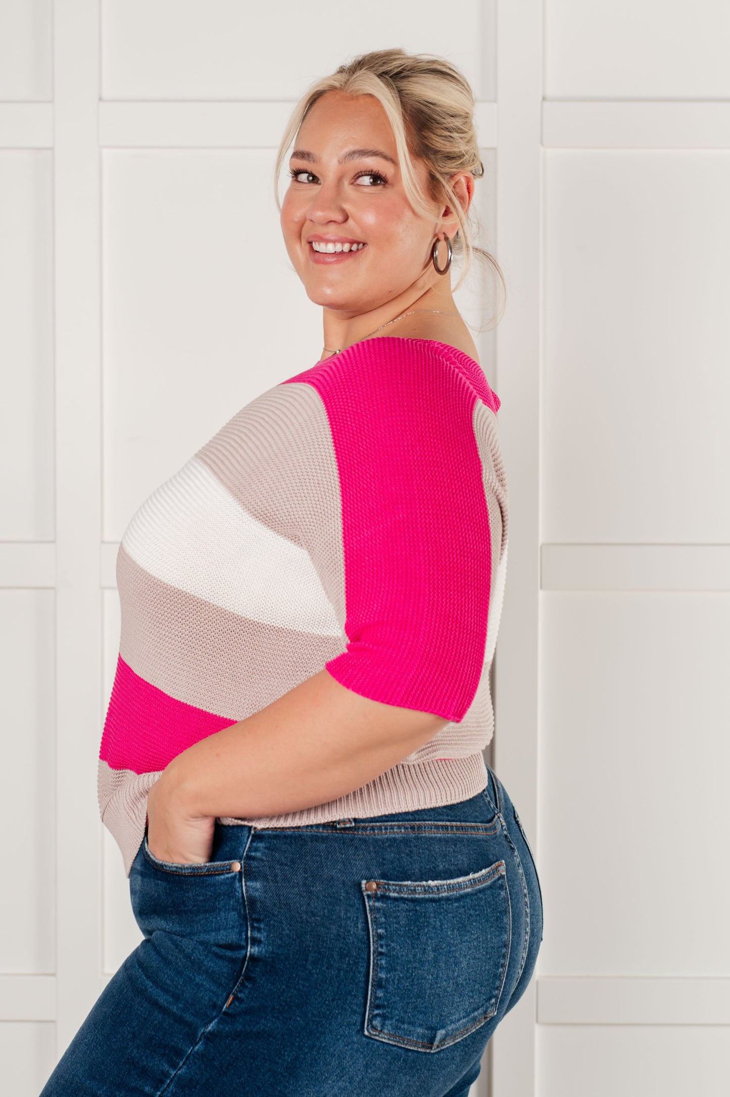 Rows Of Rose Short Sleeve Knit Top-Tops-Modish Lily, Tecumseh Michigan