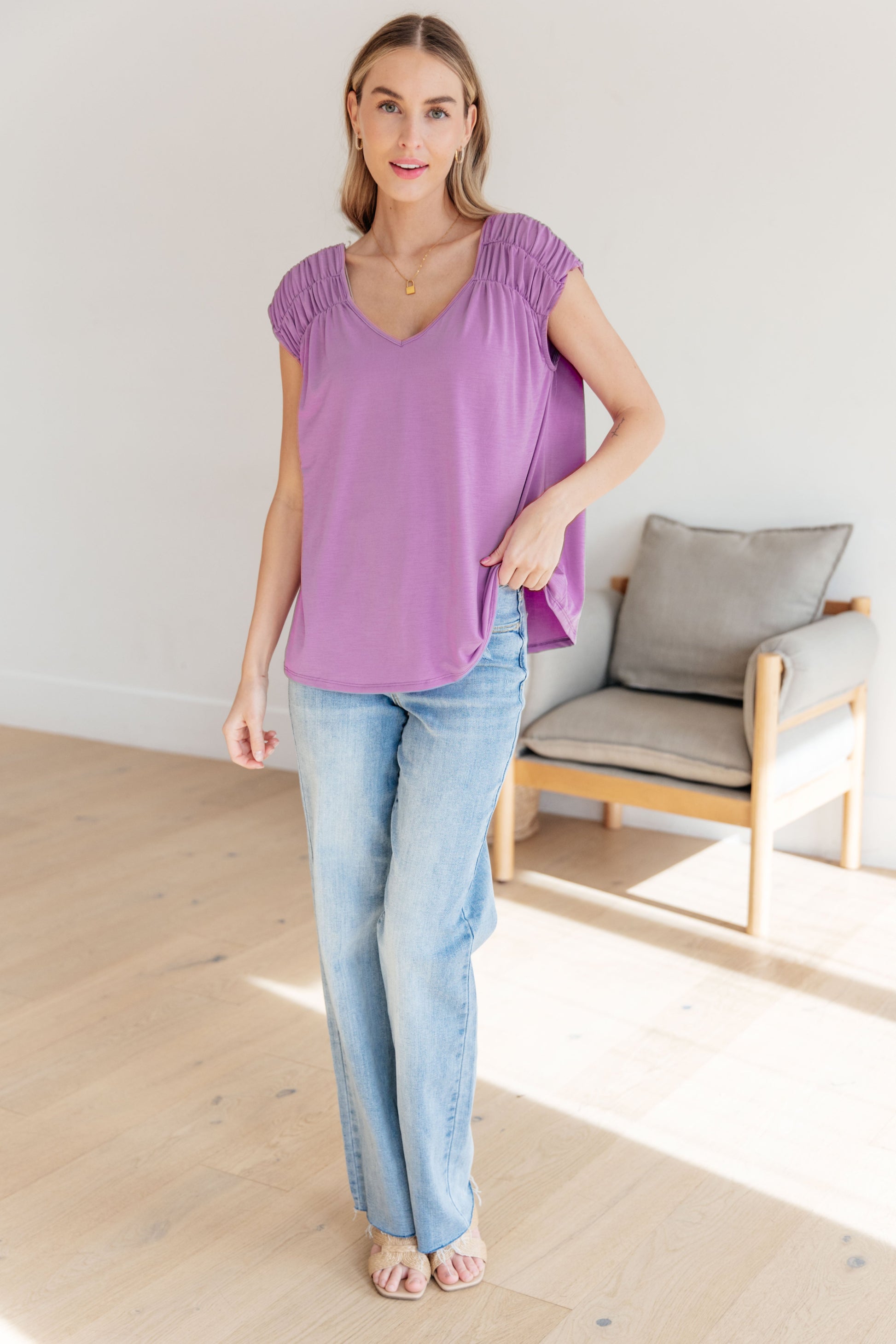 Ruched Cap Sleeve Top in Lavender-Womens-Modish Lily, Tecumseh Michigan