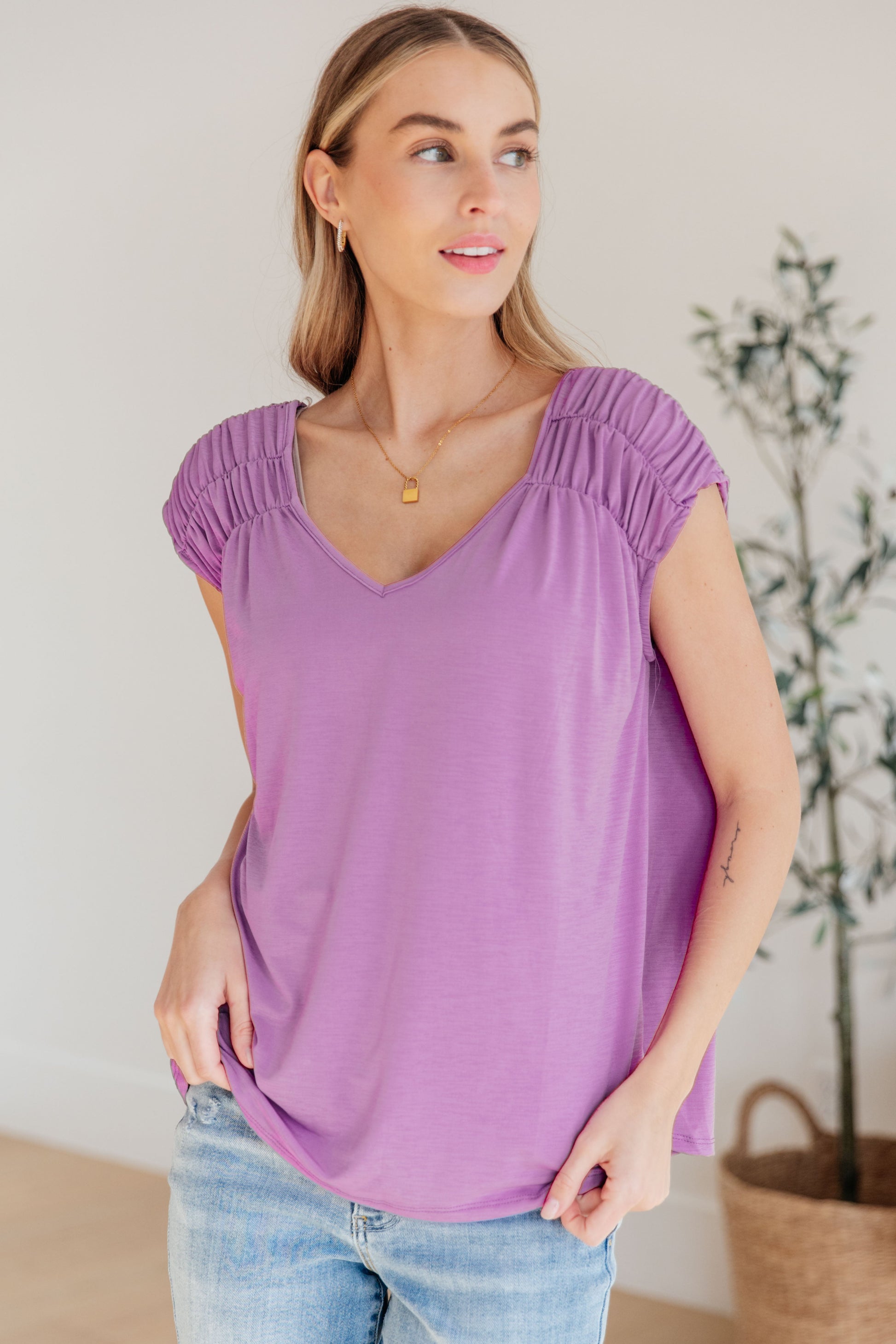 Ruched Cap Sleeve Top in Lavender-Womens-Modish Lily, Tecumseh Michigan