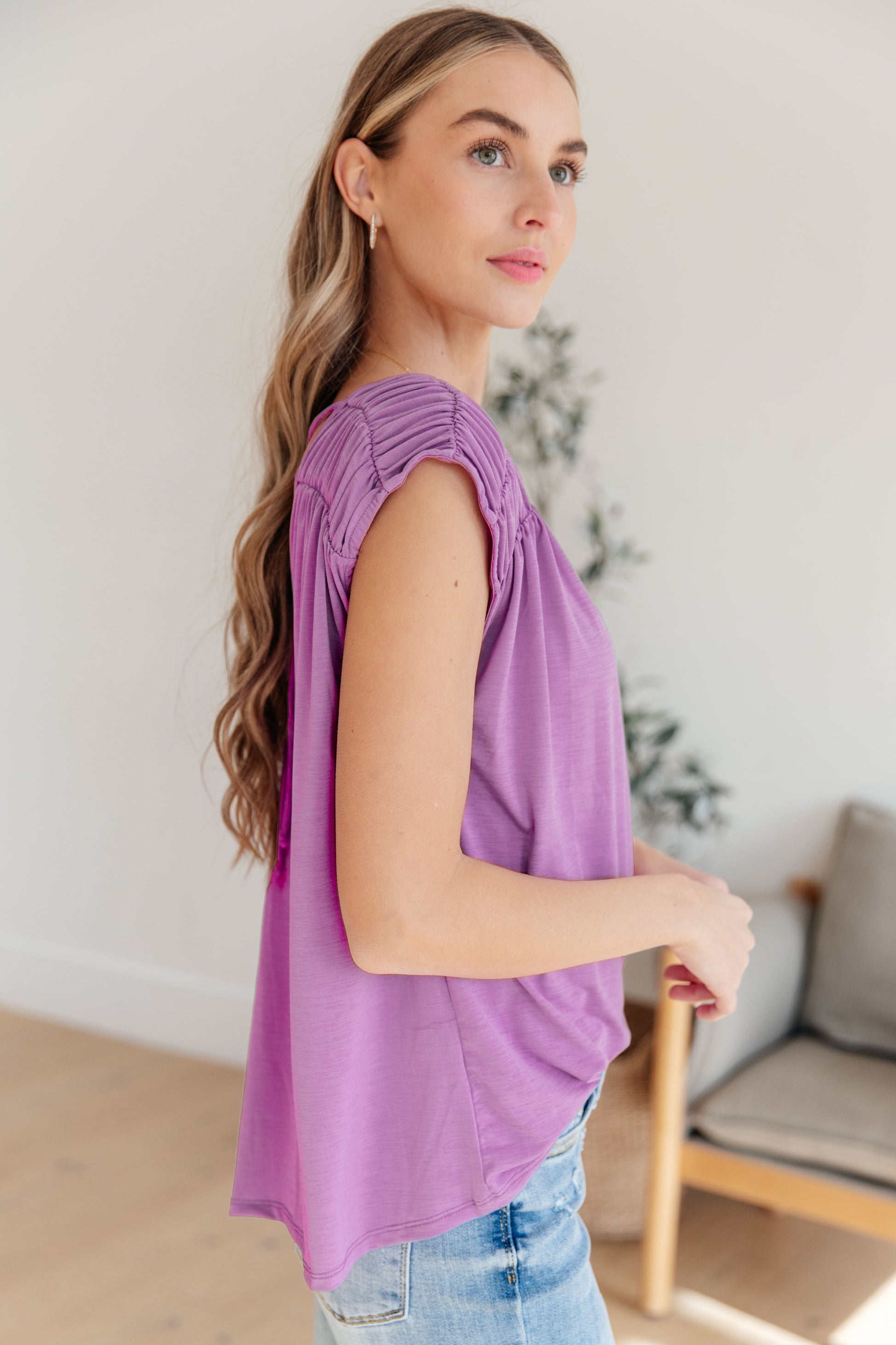 Ruched Cap Sleeve Top in Lavender-Womens-Modish Lily, Tecumseh Michigan