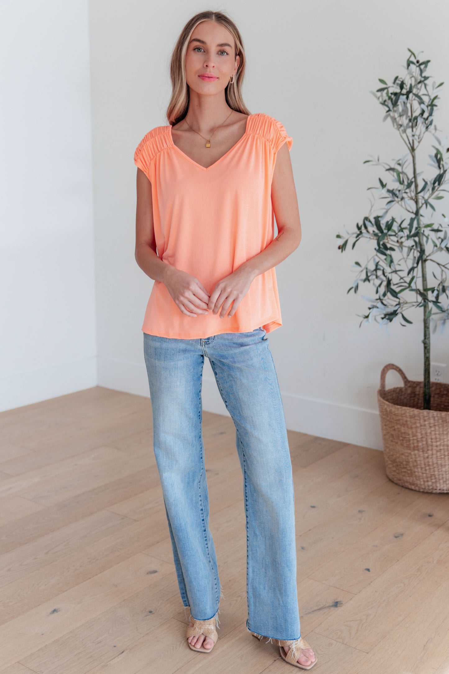 Ruched Cap Sleeve Top in Neon Orange-Womens-Modish Lily, Tecumseh Michigan