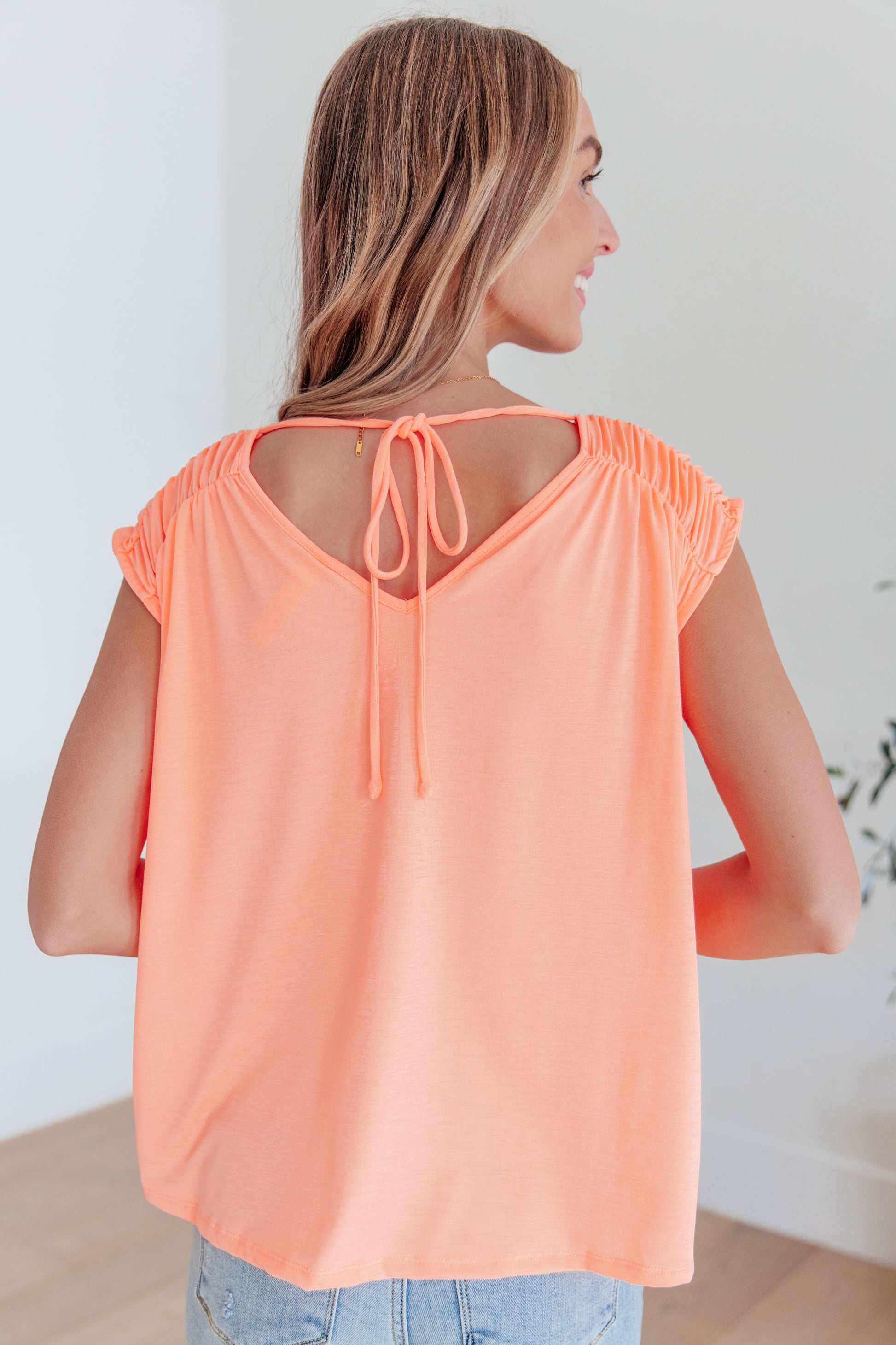 Ruched Cap Sleeve Top in Neon Orange-Womens-Modish Lily, Tecumseh Michigan