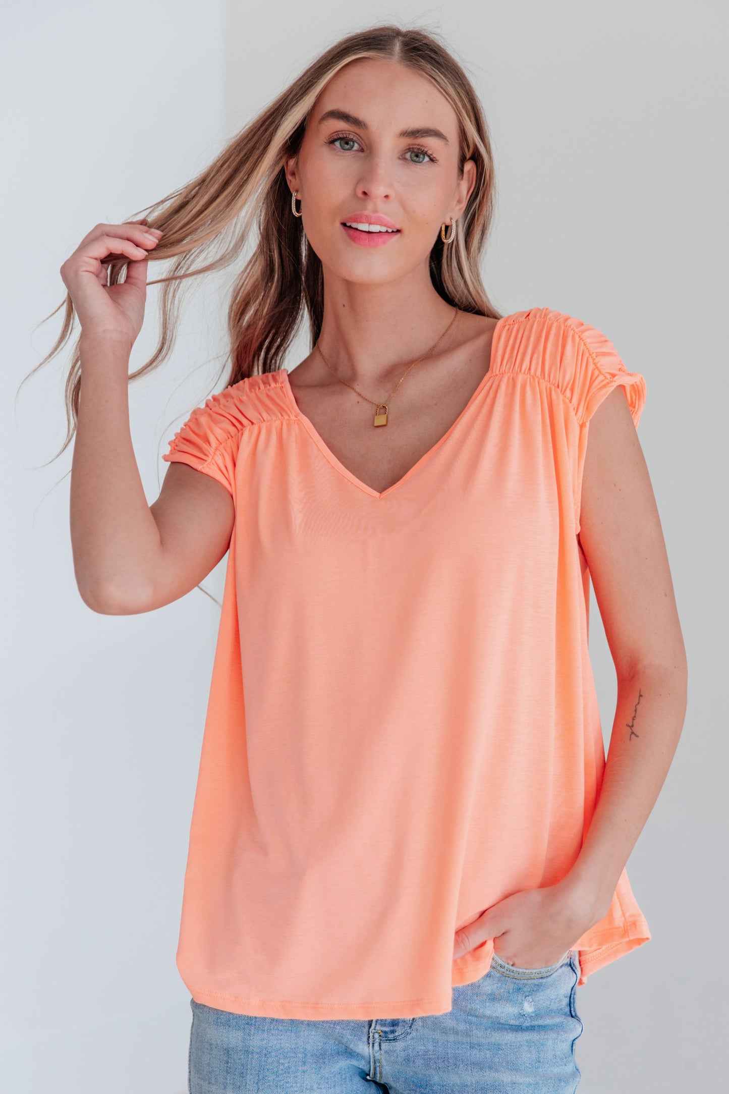 Ruched Cap Sleeve Top in Neon Orange-Womens-Modish Lily, Tecumseh Michigan