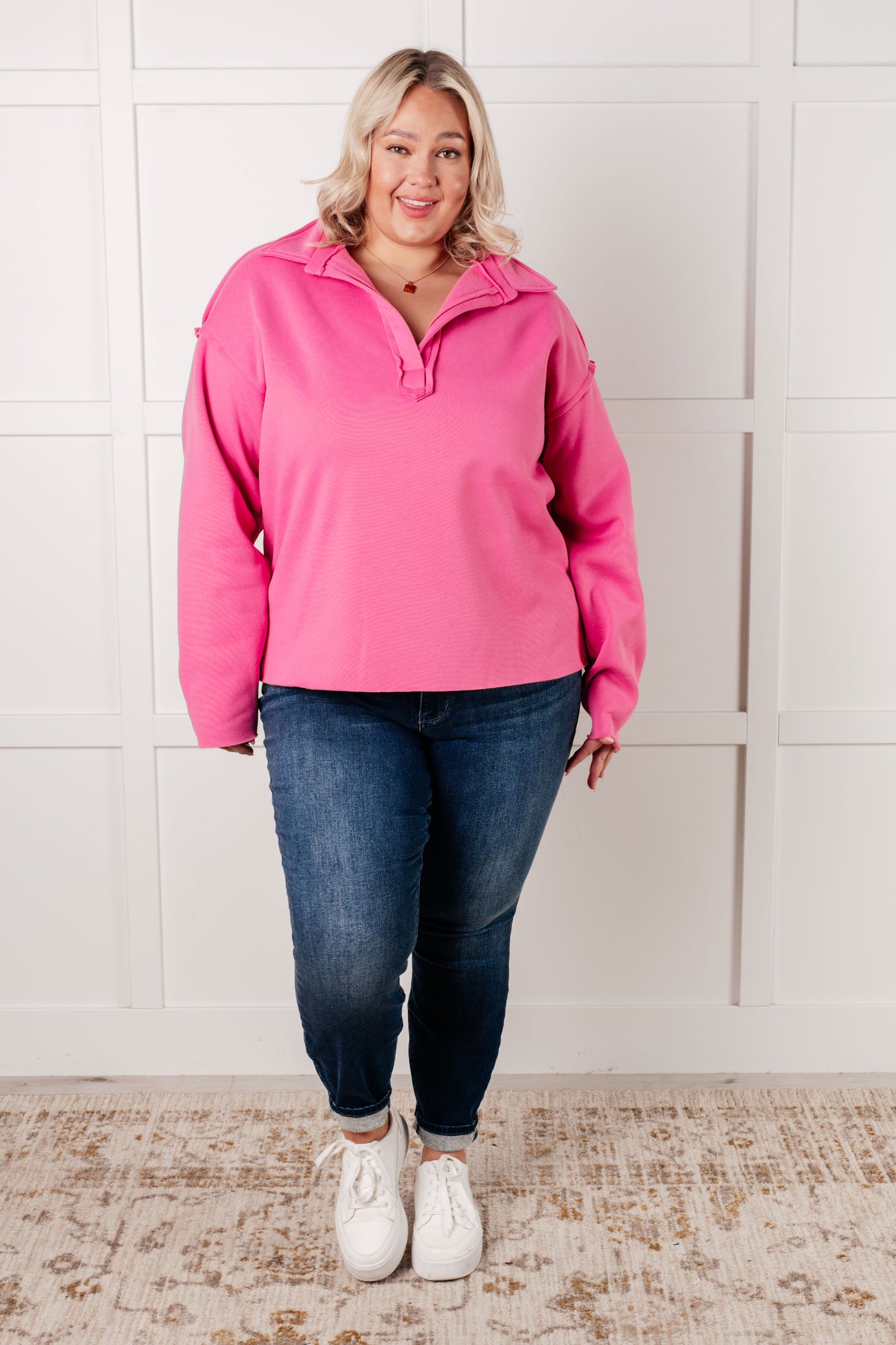 Same Ol' Situation Collared Pullover in Hot Pink-Tops-Modish Lily, Tecumseh Michigan