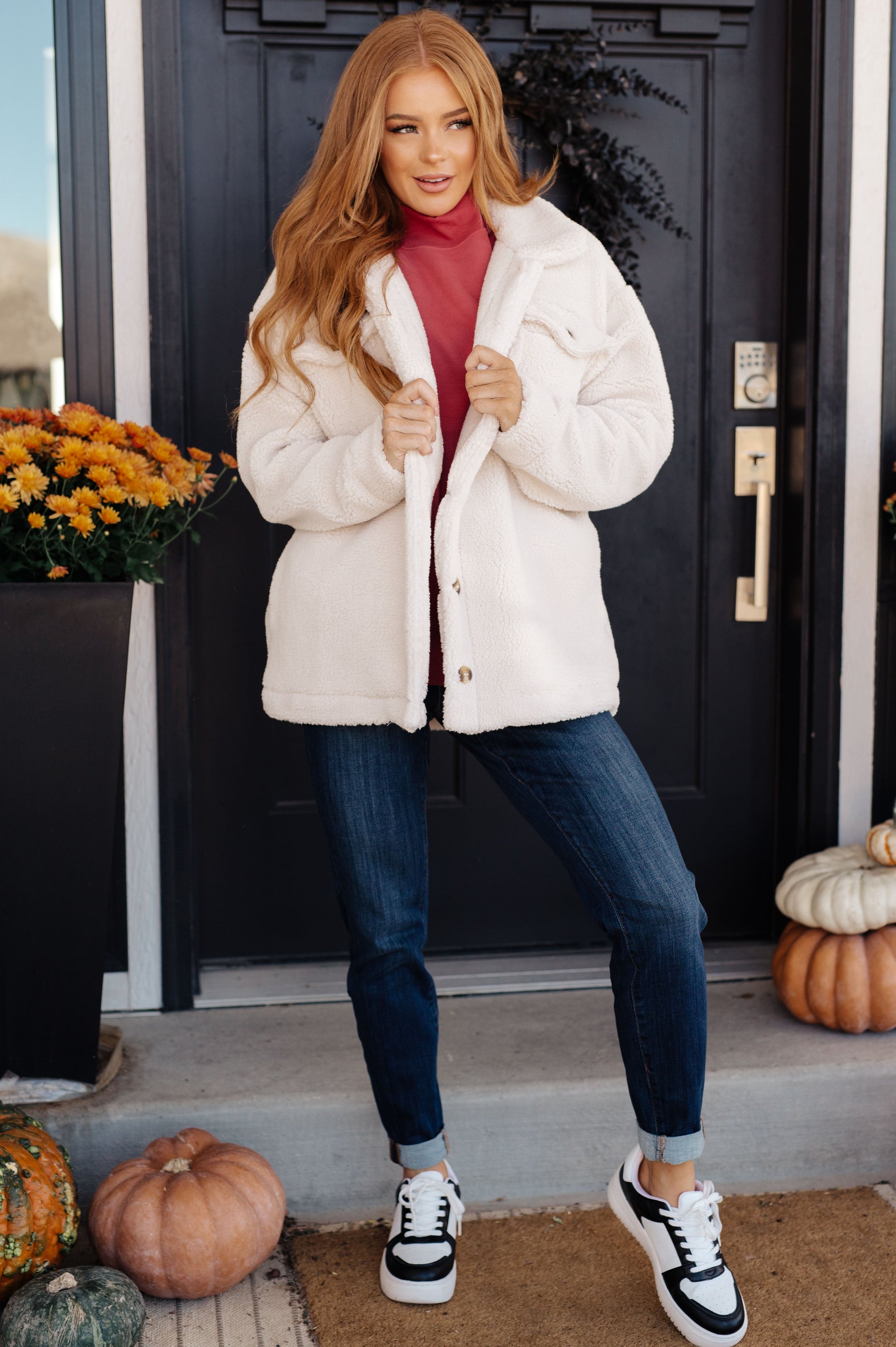 Shrouded in Sherpa Coat in White-Layers-Modish Lily, Tecumseh Michigan