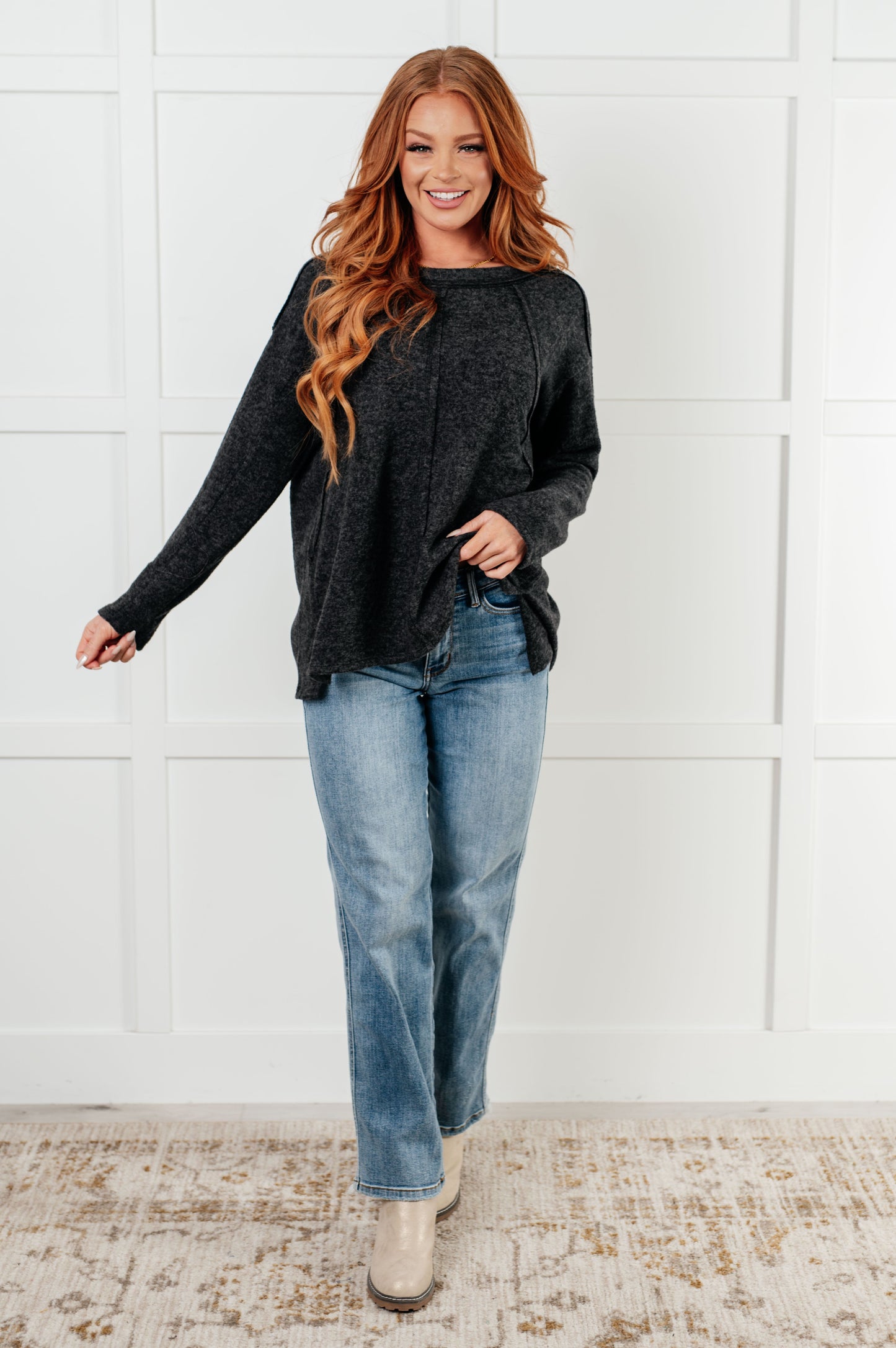 Simple Silhouette Brushed Hacci Sweater in Black-Tops-Modish Lily, Tecumseh Michigan