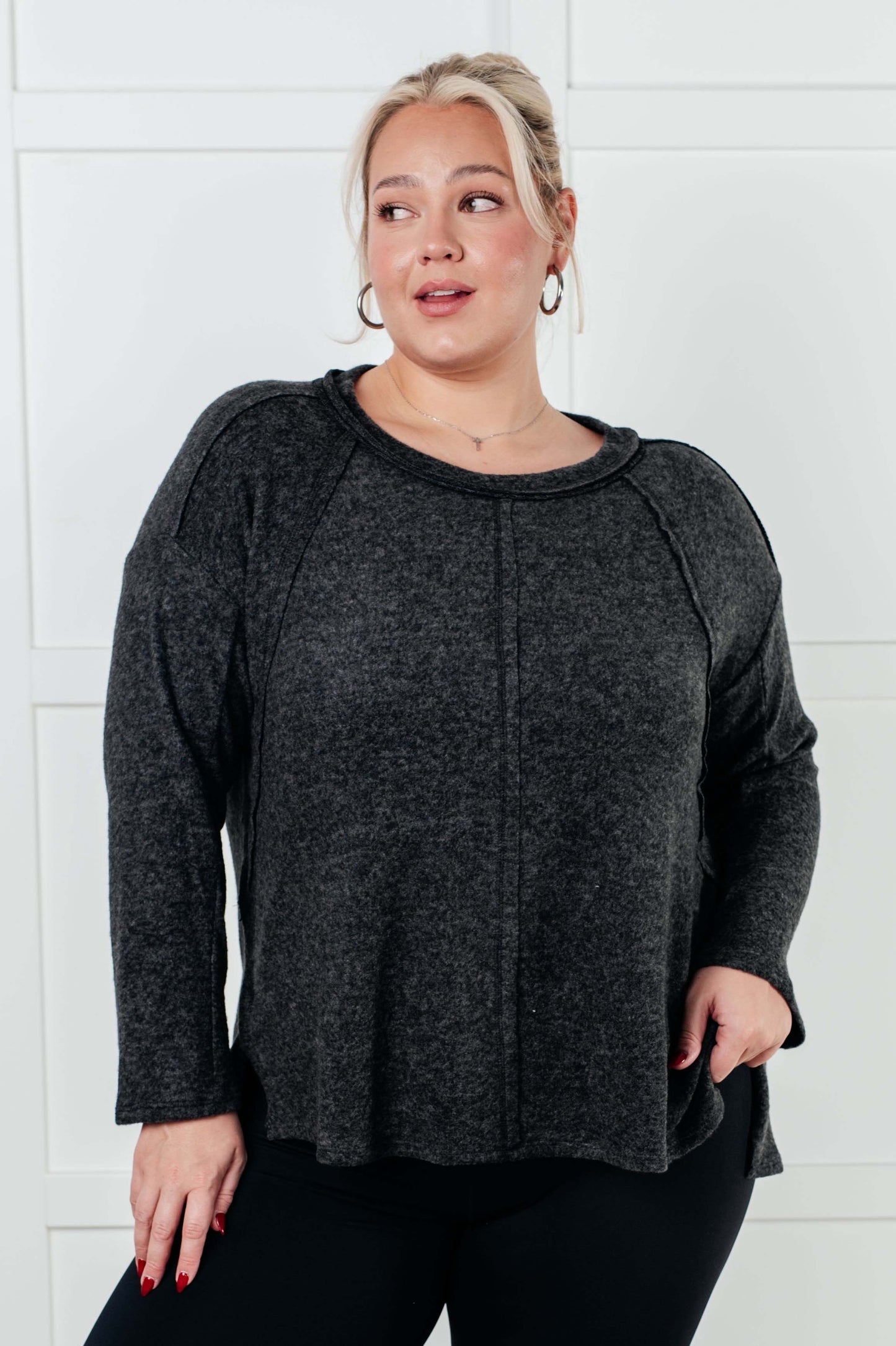 Simple Silhouette Brushed Hacci Sweater in Black-Tops-Modish Lily, Tecumseh Michigan