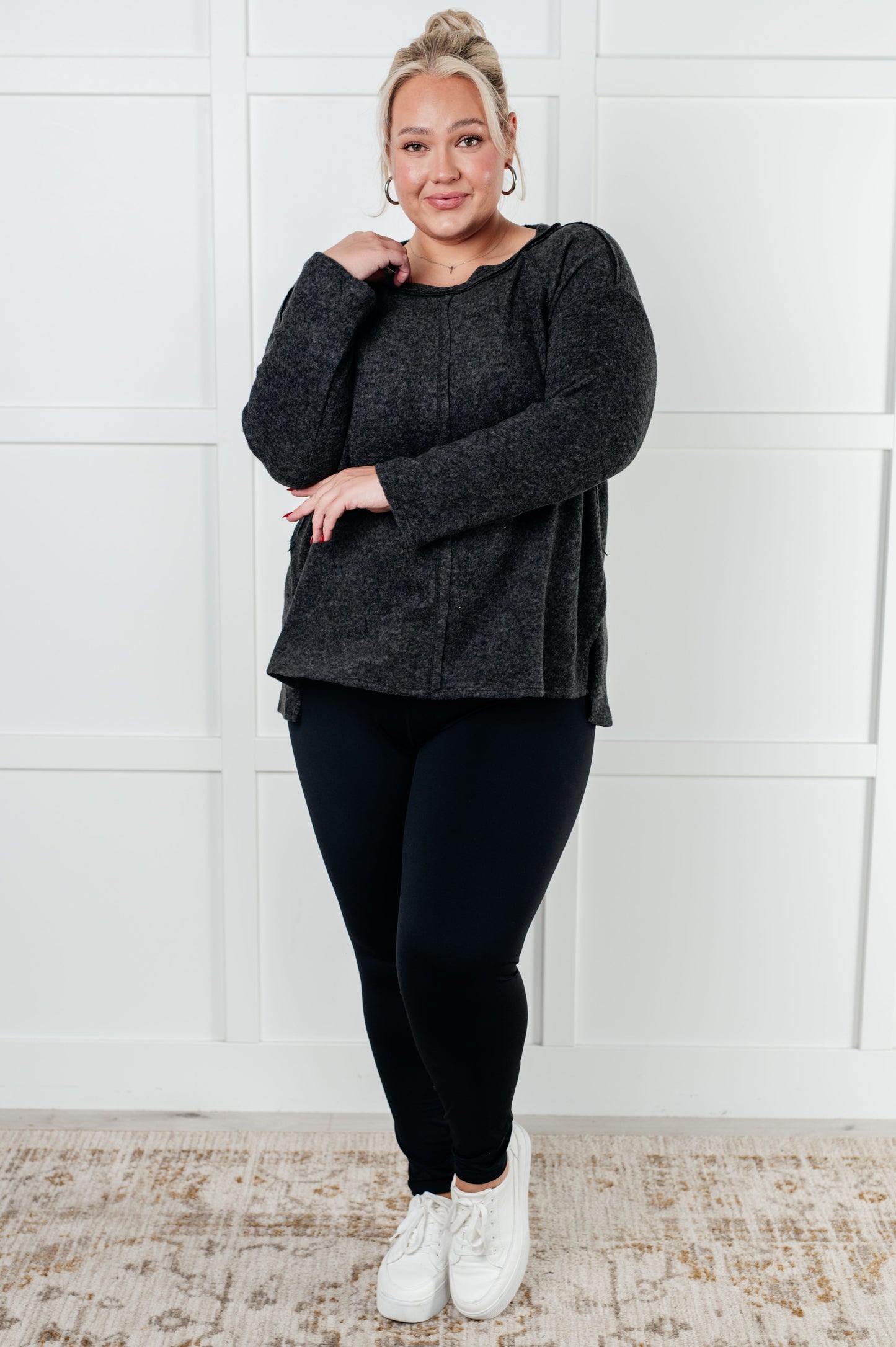 Simple Silhouette Brushed Hacci Sweater in Black-Tops-Modish Lily, Tecumseh Michigan