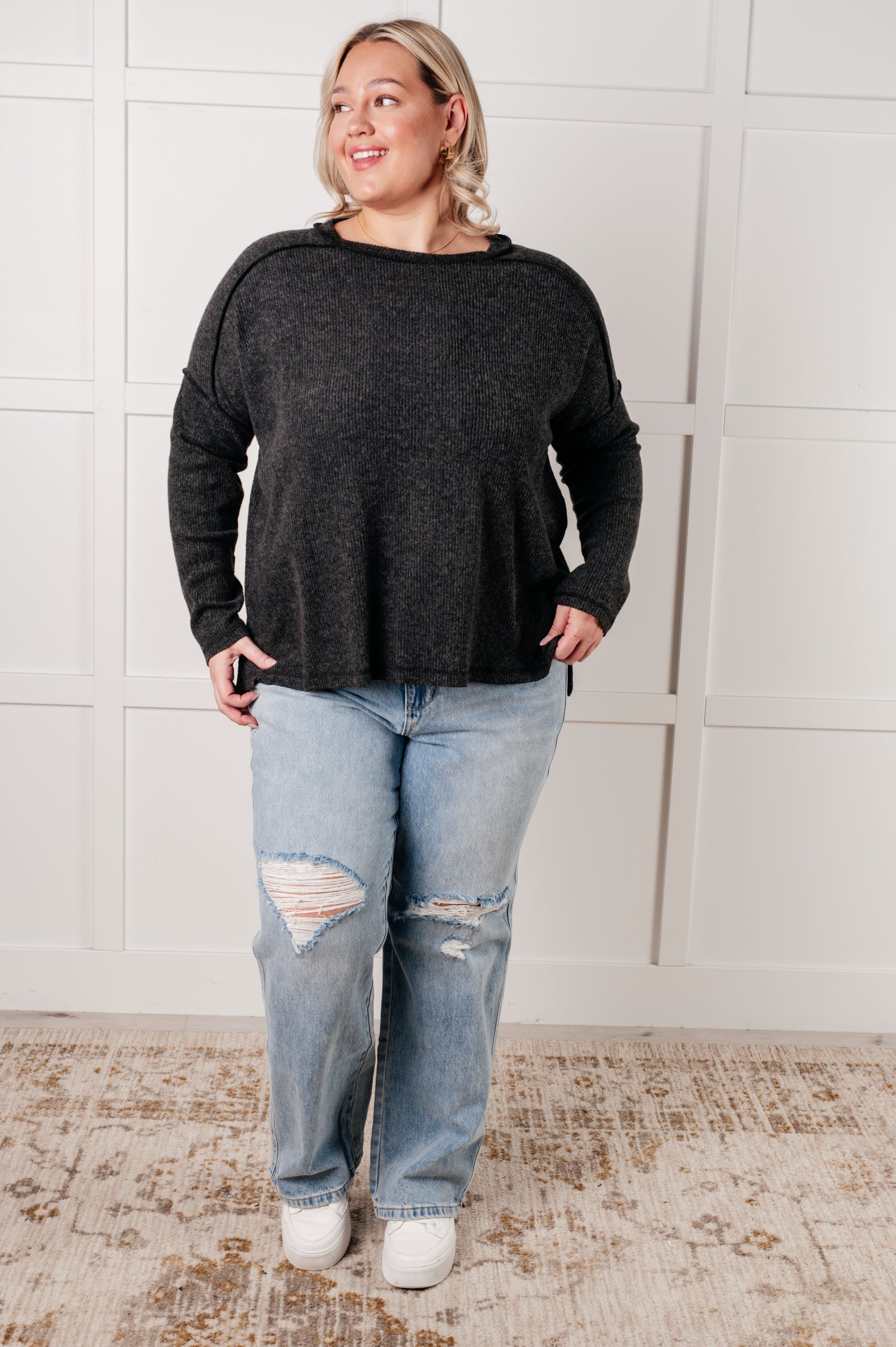 Simply Basic Ribbed Hacci Sweater in Black-Tops-Modish Lily, Tecumseh Michigan