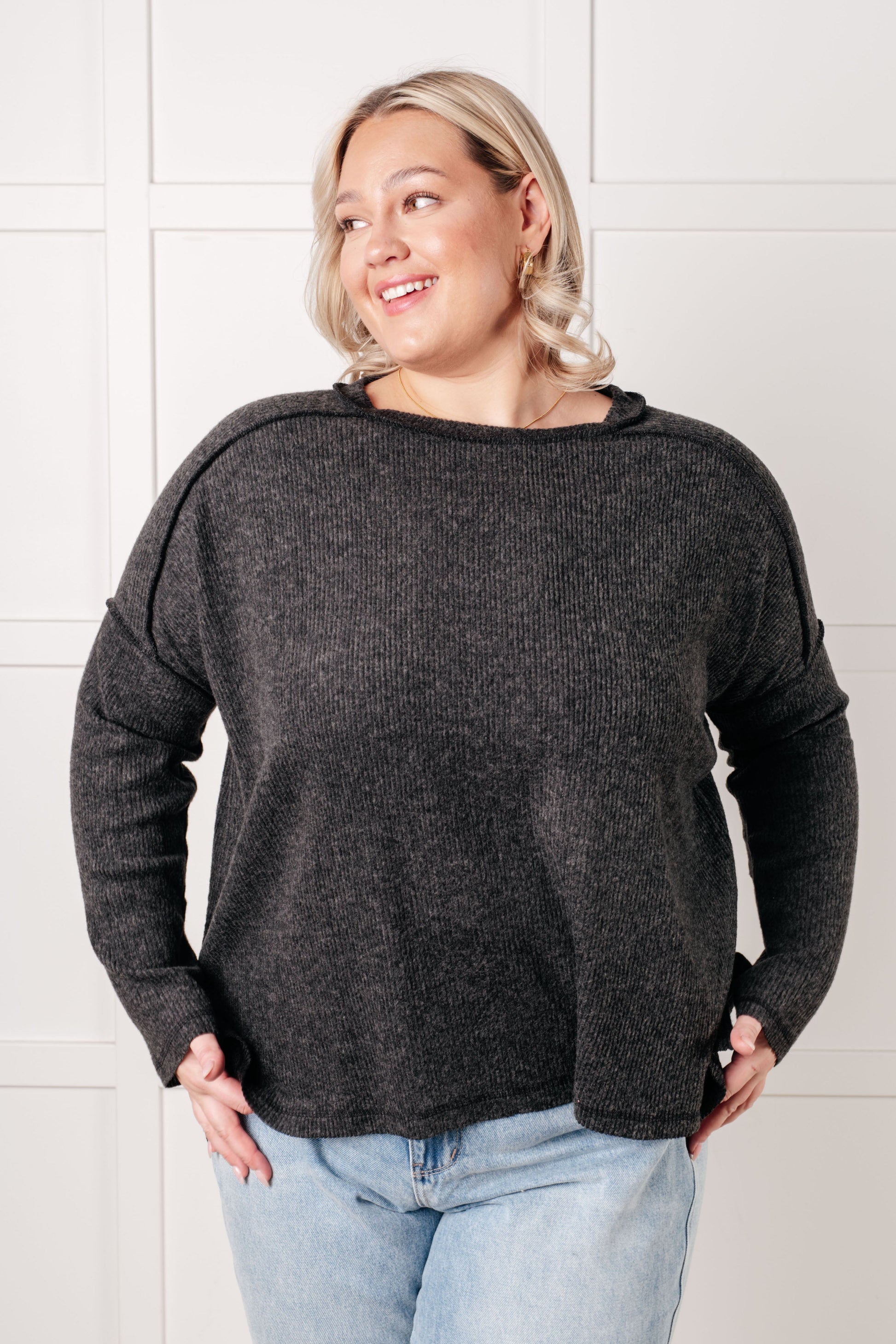 Simply Basic Ribbed Hacci Sweater in Black-Tops-Modish Lily, Tecumseh Michigan