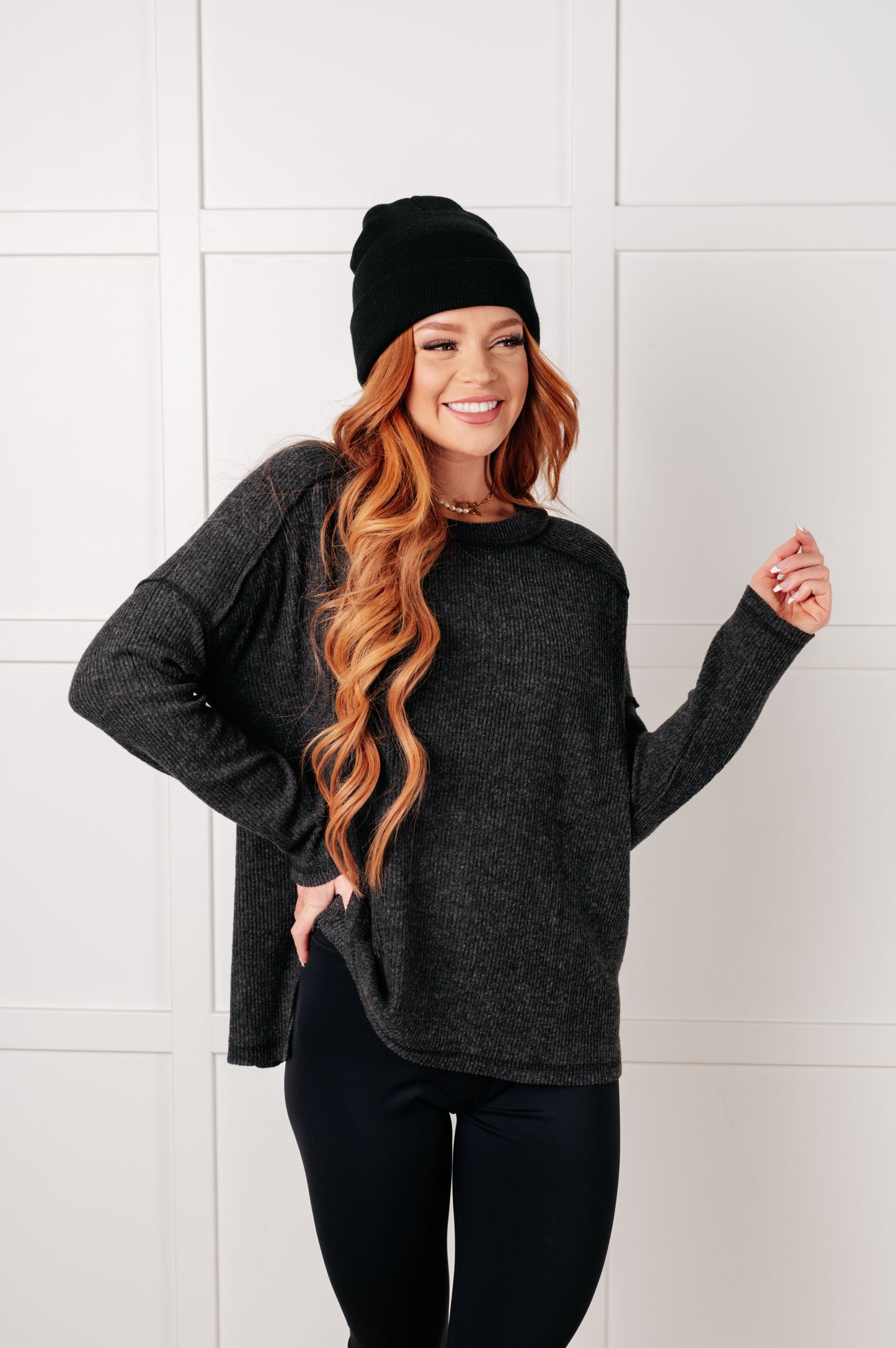 Simply Basic Ribbed Hacci Sweater in Black-Tops-Modish Lily, Tecumseh Michigan