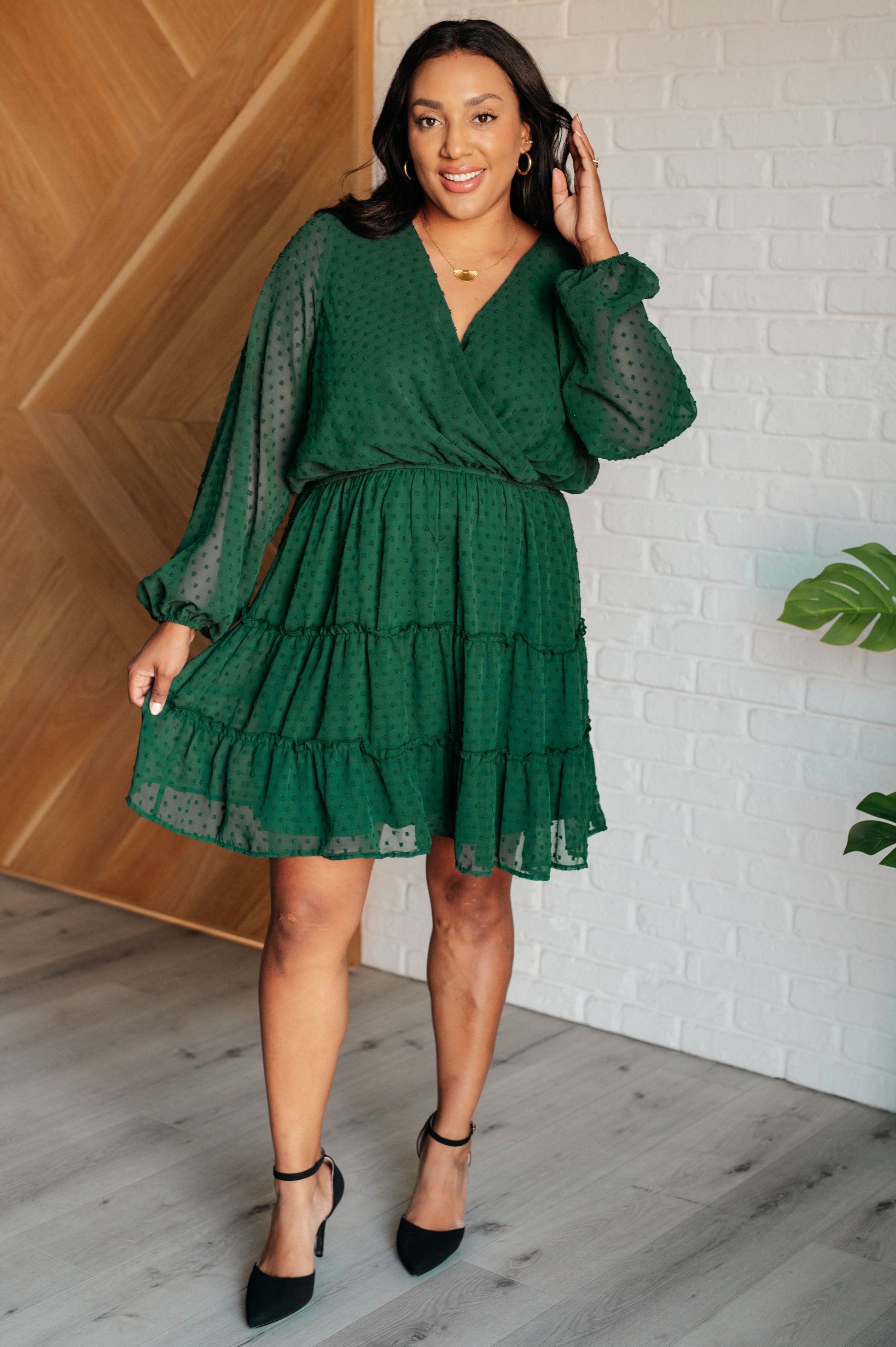 Starlit Glow V-Neck Tiered Dress in Hunter Green-Dresses-Modish Lily, Tecumseh Michigan