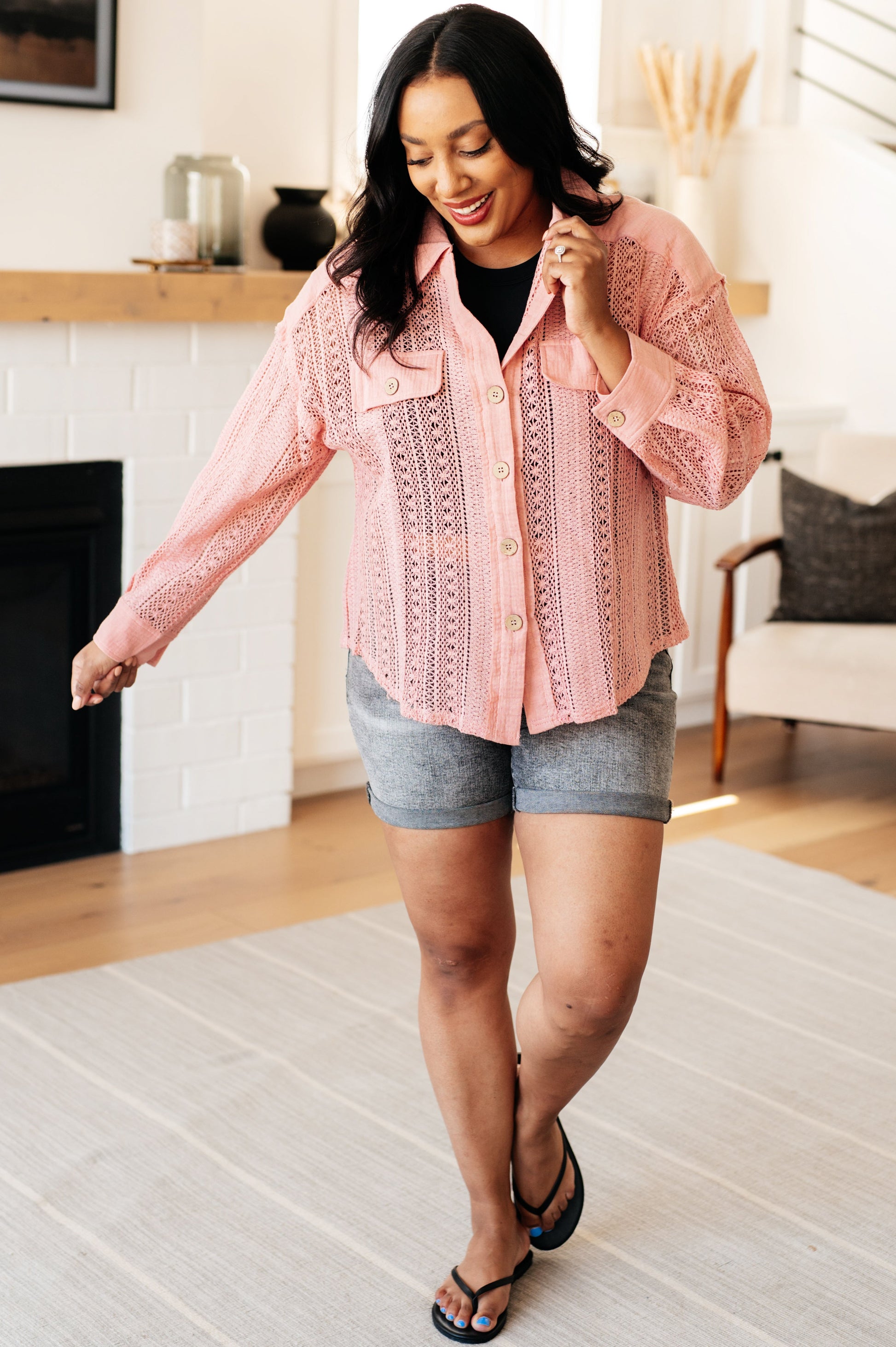 Sweeter Than Nectar Lace Button Down in Rose-Tops-Modish Lily, Tecumseh Michigan