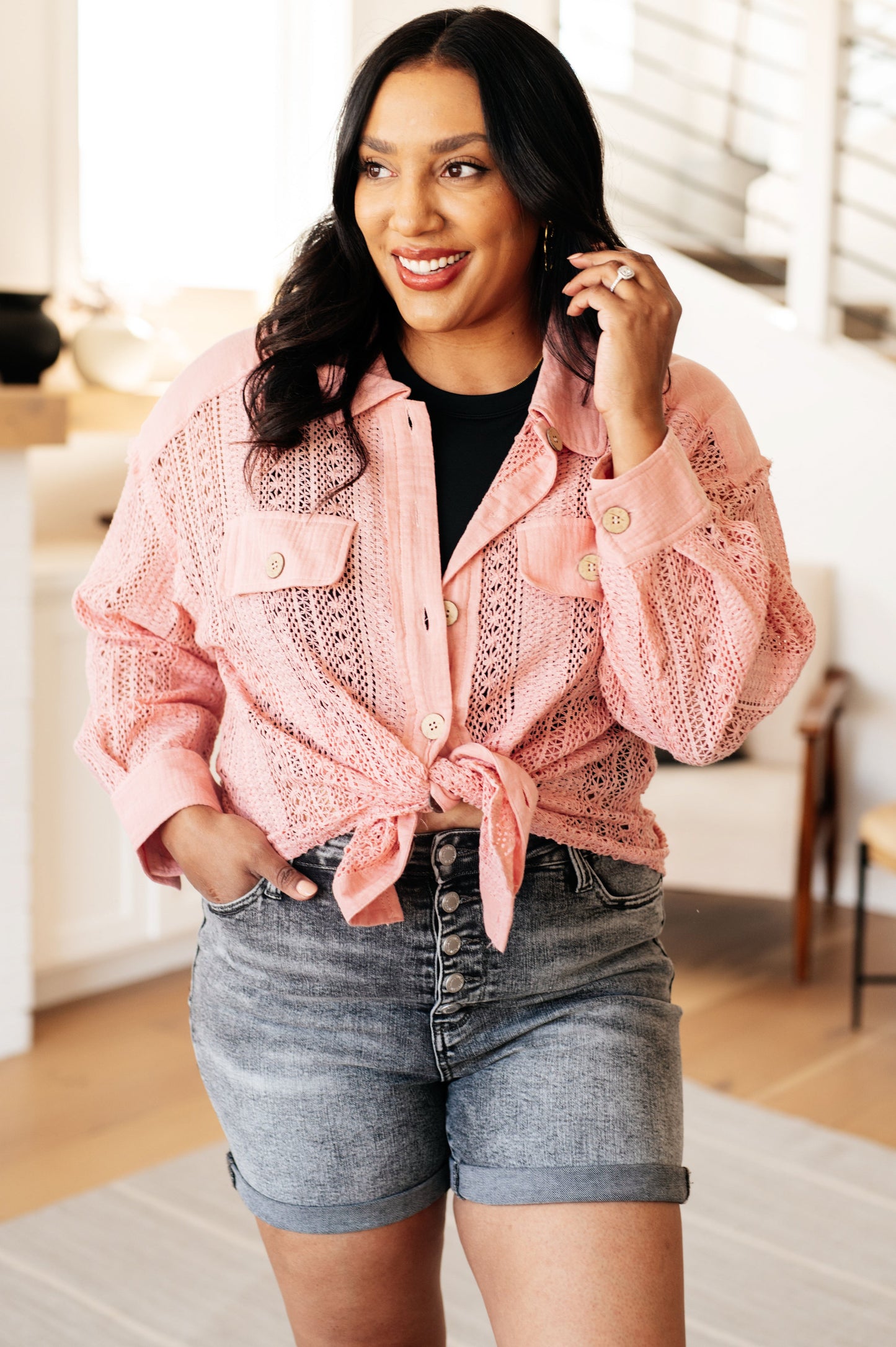 Sweeter Than Nectar Lace Button Down in Rose-Tops-Modish Lily, Tecumseh Michigan