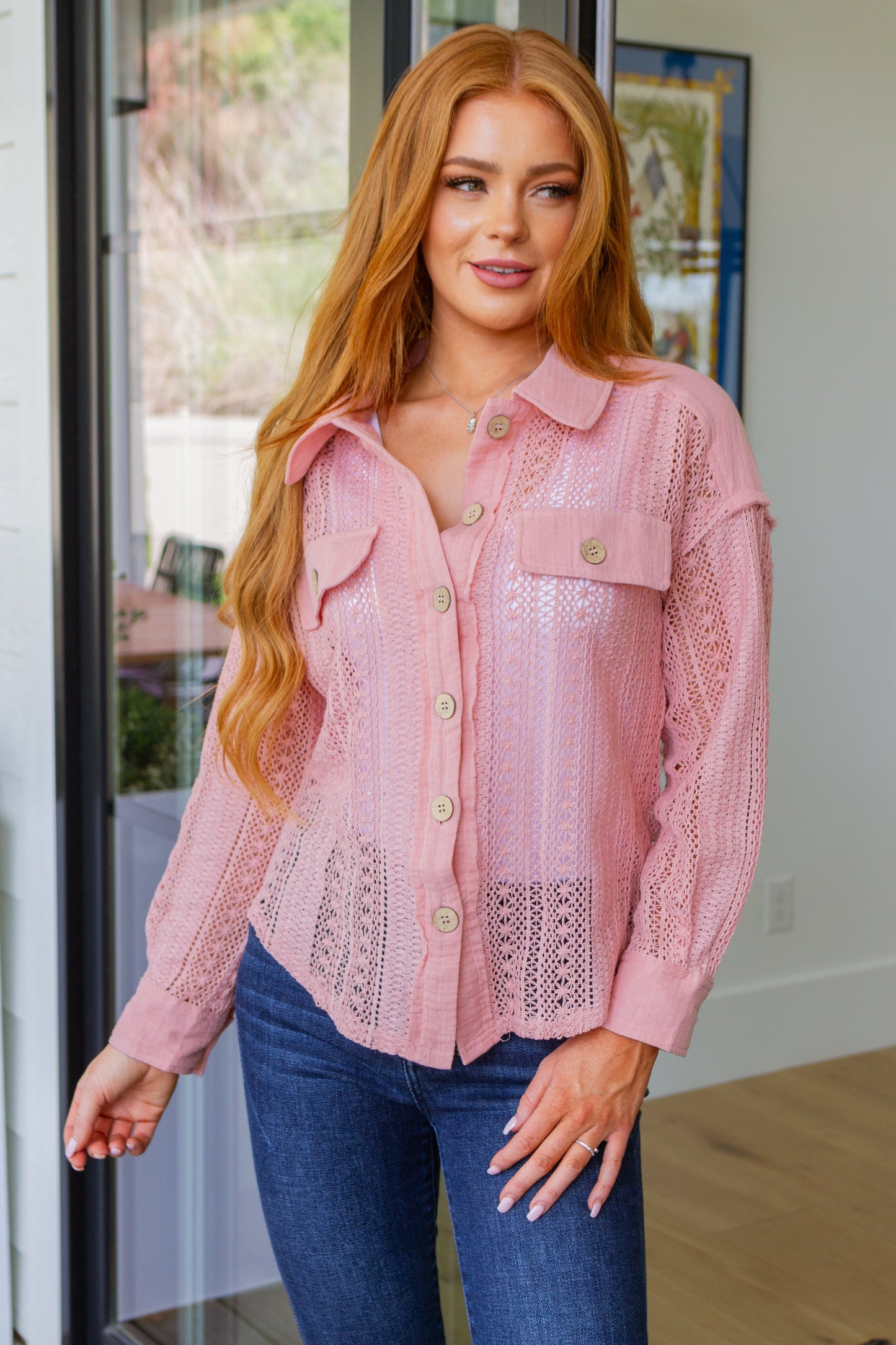 Sweeter Than Nectar Lace Button Down in Rose-Tops-Modish Lily, Tecumseh Michigan