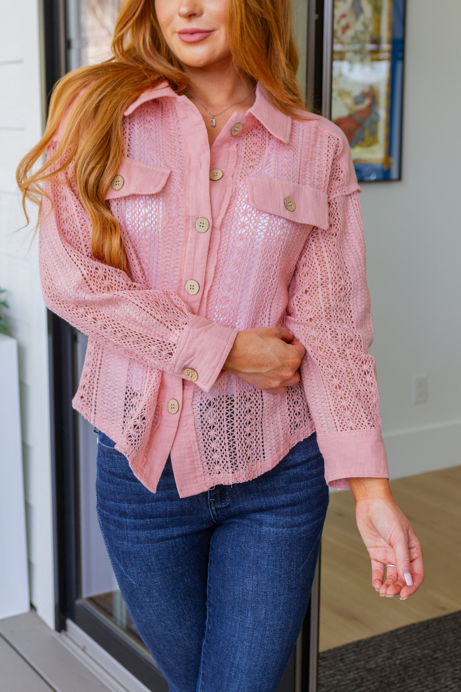 Sweeter Than Nectar Lace Button Down in Rose-Tops-Modish Lily, Tecumseh Michigan