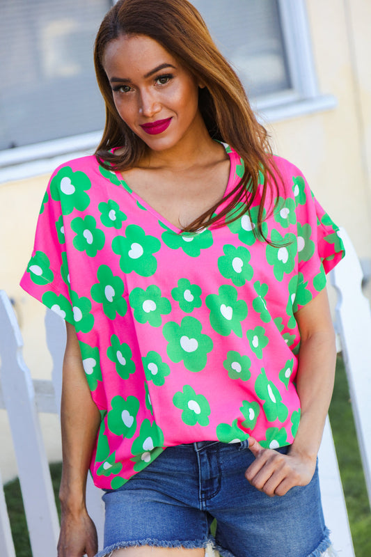 Spring Vibes Pink & Green Flower Print V Neck Short Sleeve Top-Modish Lily, Tecumseh Michigan