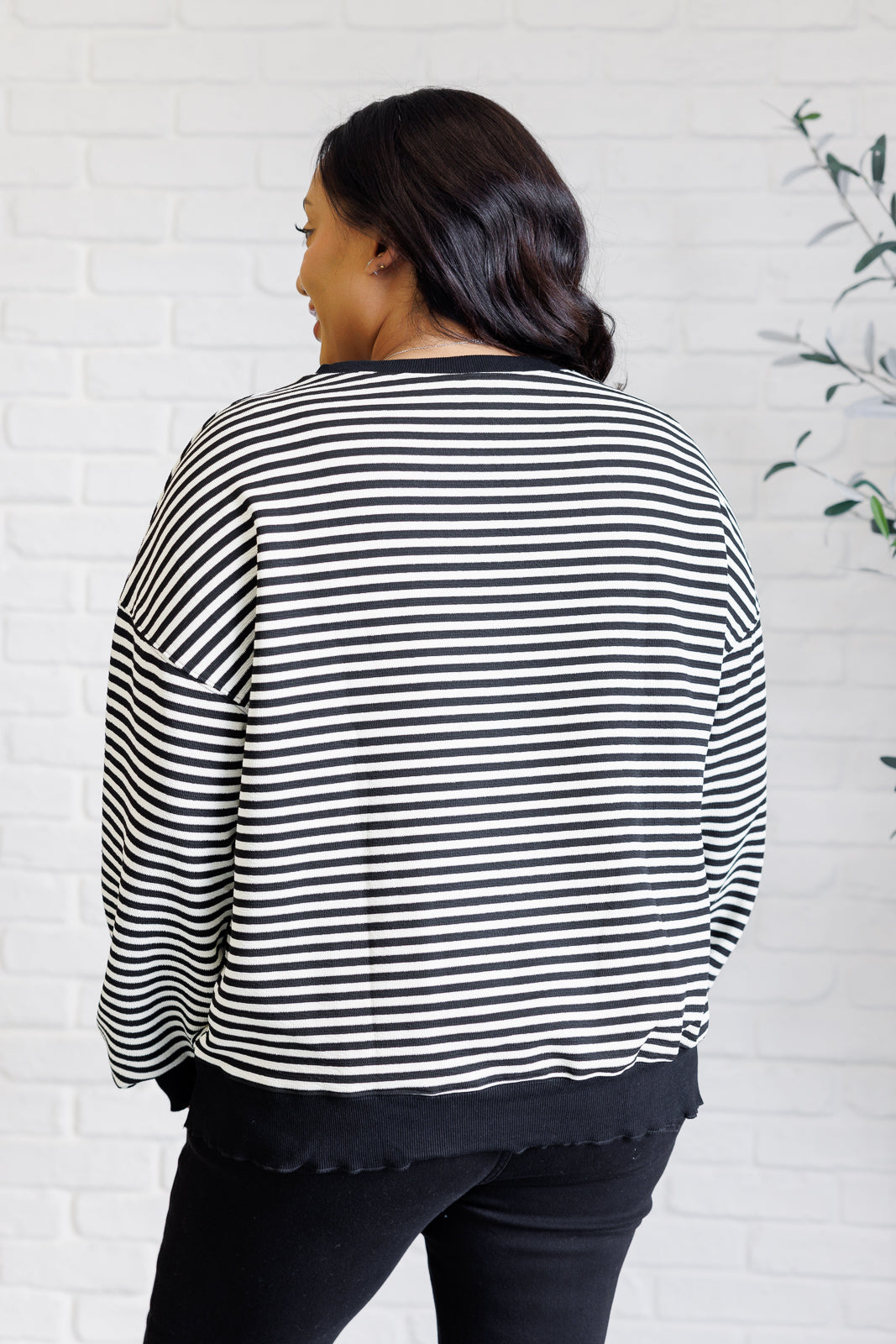 Too Good to Be True Striped Drop Shoulder Top in Black-Tops-Modish Lily, Tecumseh Michigan