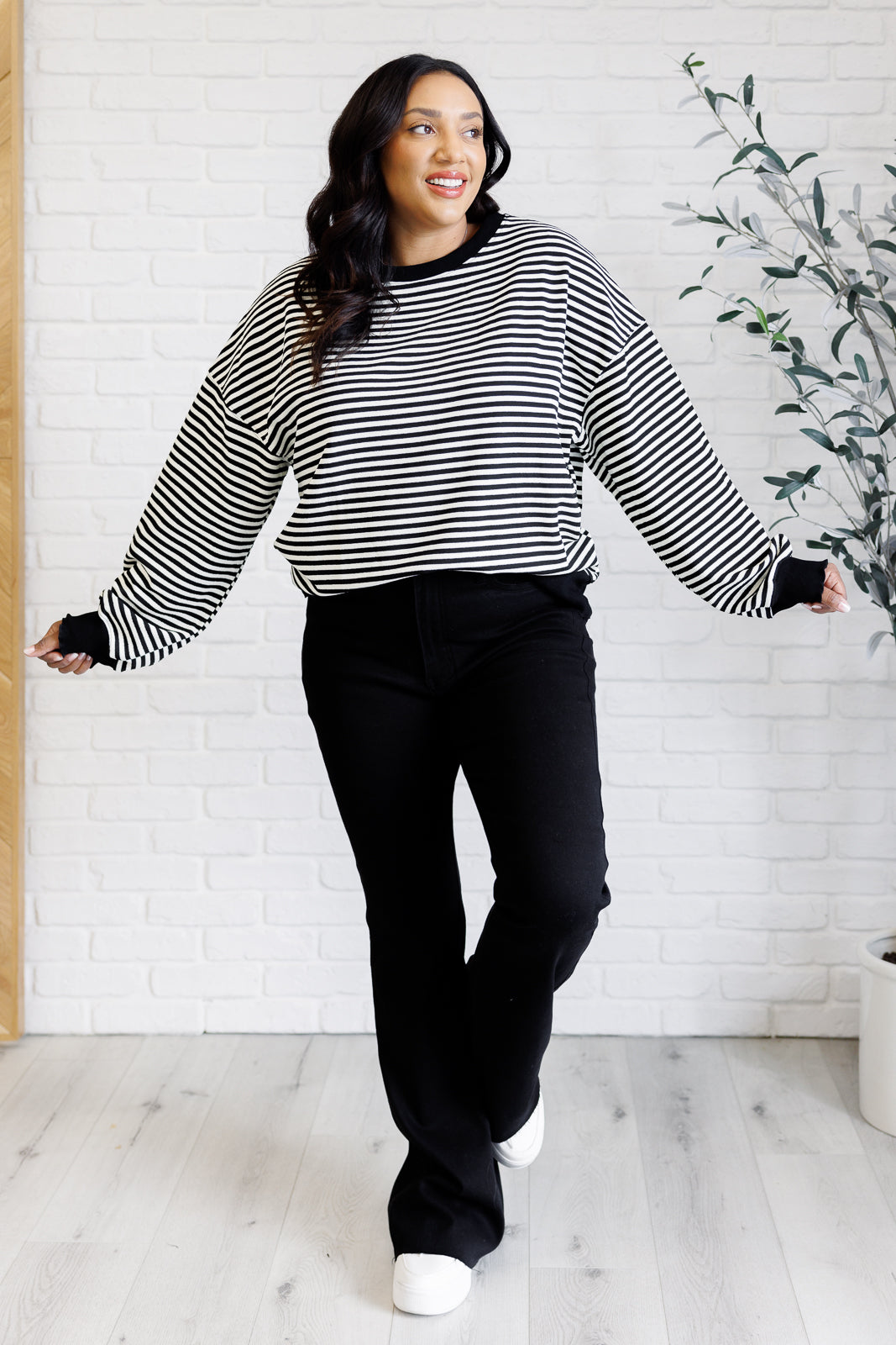 Too Good to Be True Striped Drop Shoulder Top in Black-Tops-Modish Lily, Tecumseh Michigan