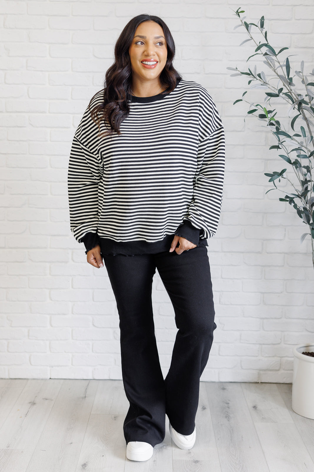 Too Good to Be True Striped Drop Shoulder Top in Black-Tops-Modish Lily, Tecumseh Michigan