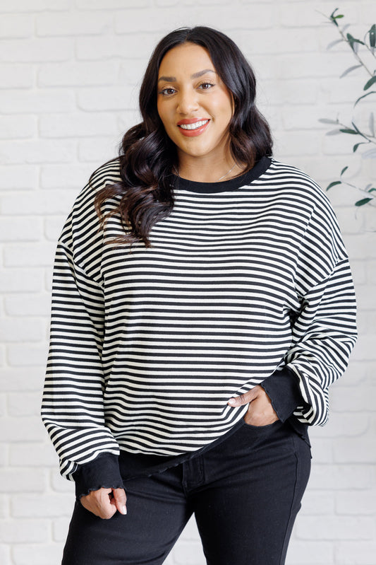 Too Good to Be True Striped Drop Shoulder Top in Black-Tops-Modish Lily, Tecumseh Michigan