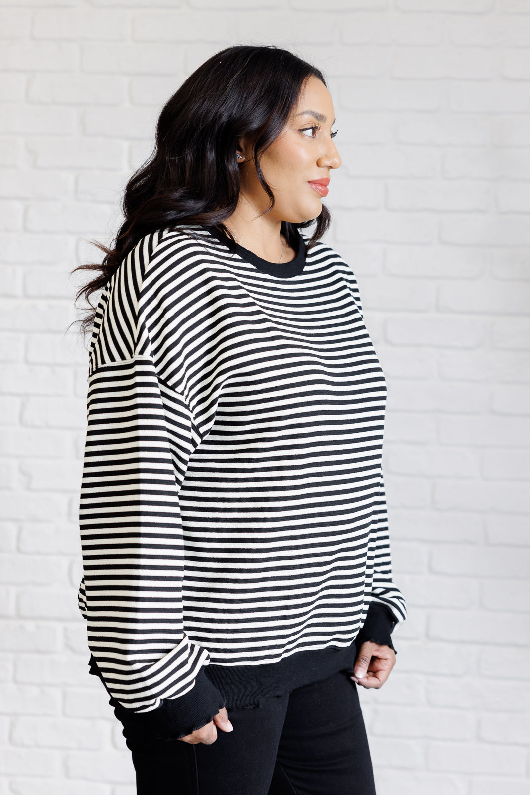 Too Good to Be True Striped Drop Shoulder Top in Black-Tops-Modish Lily, Tecumseh Michigan