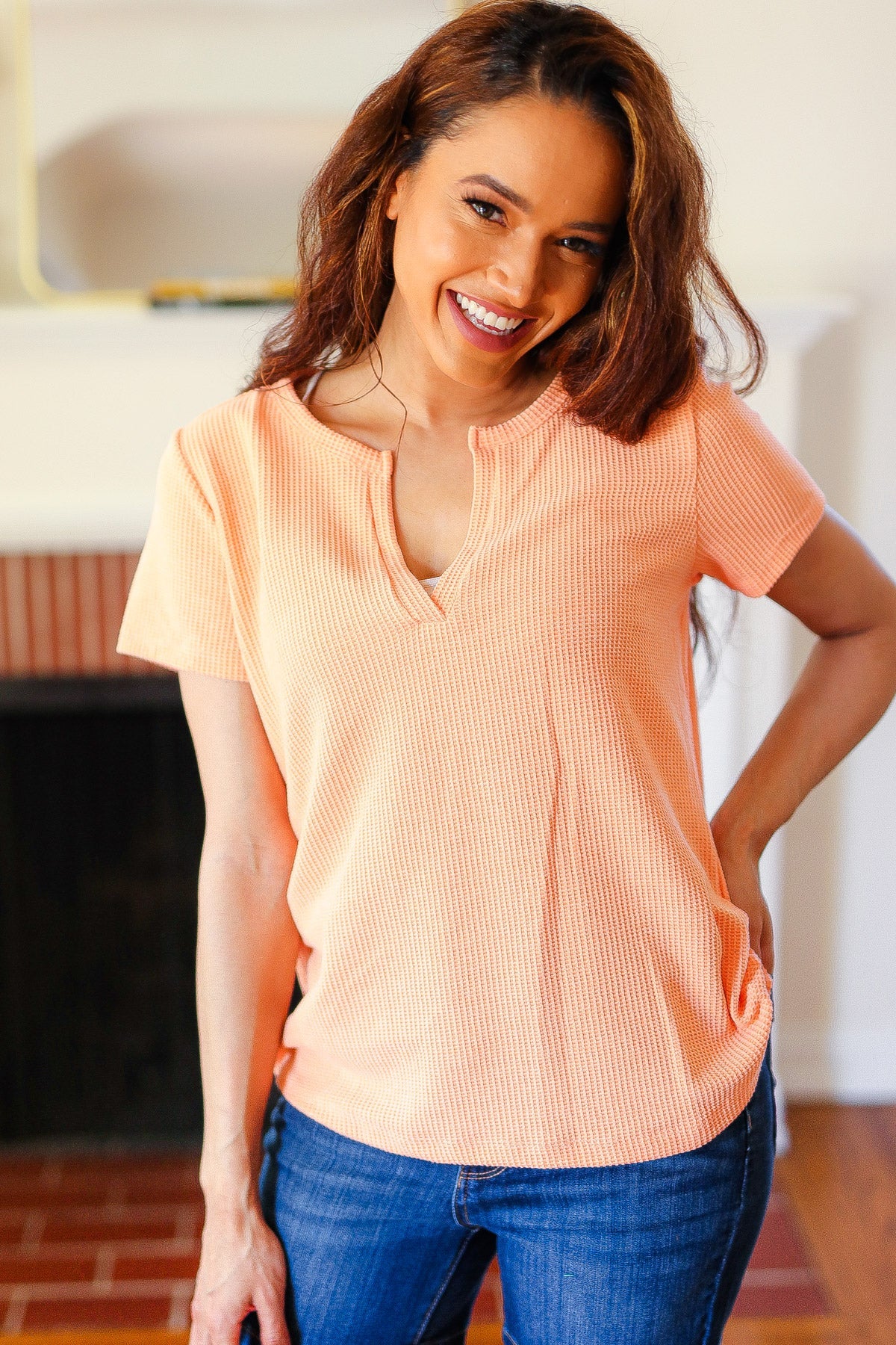 Feel Your Best Coral Baby Waffle Henley Neckline Top-Modish Lily, Tecumseh Michigan