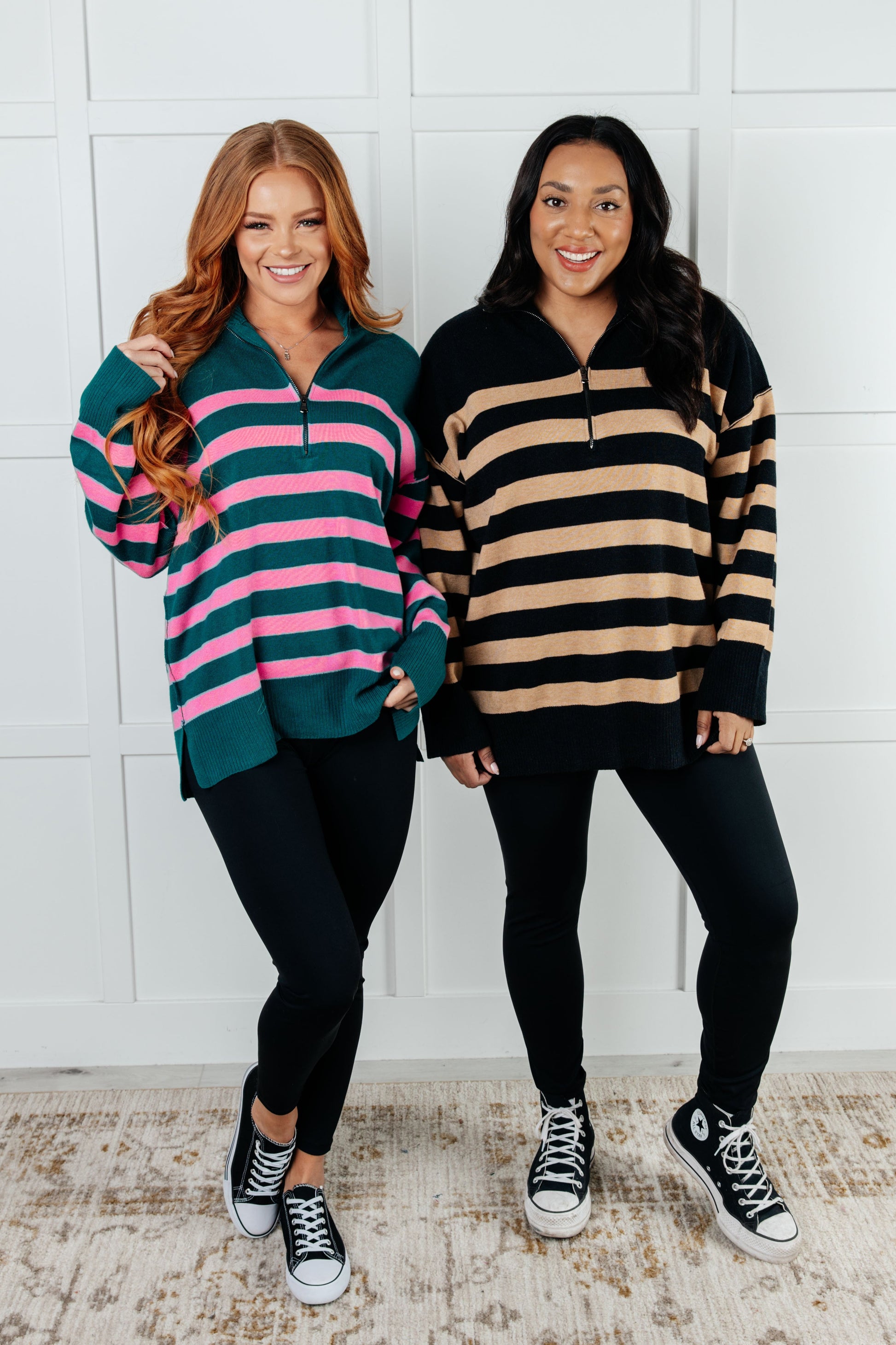 Well Situated Striped Quarter Zip Sweater in Black and Tan-Tops-Modish Lily, Tecumseh Michigan