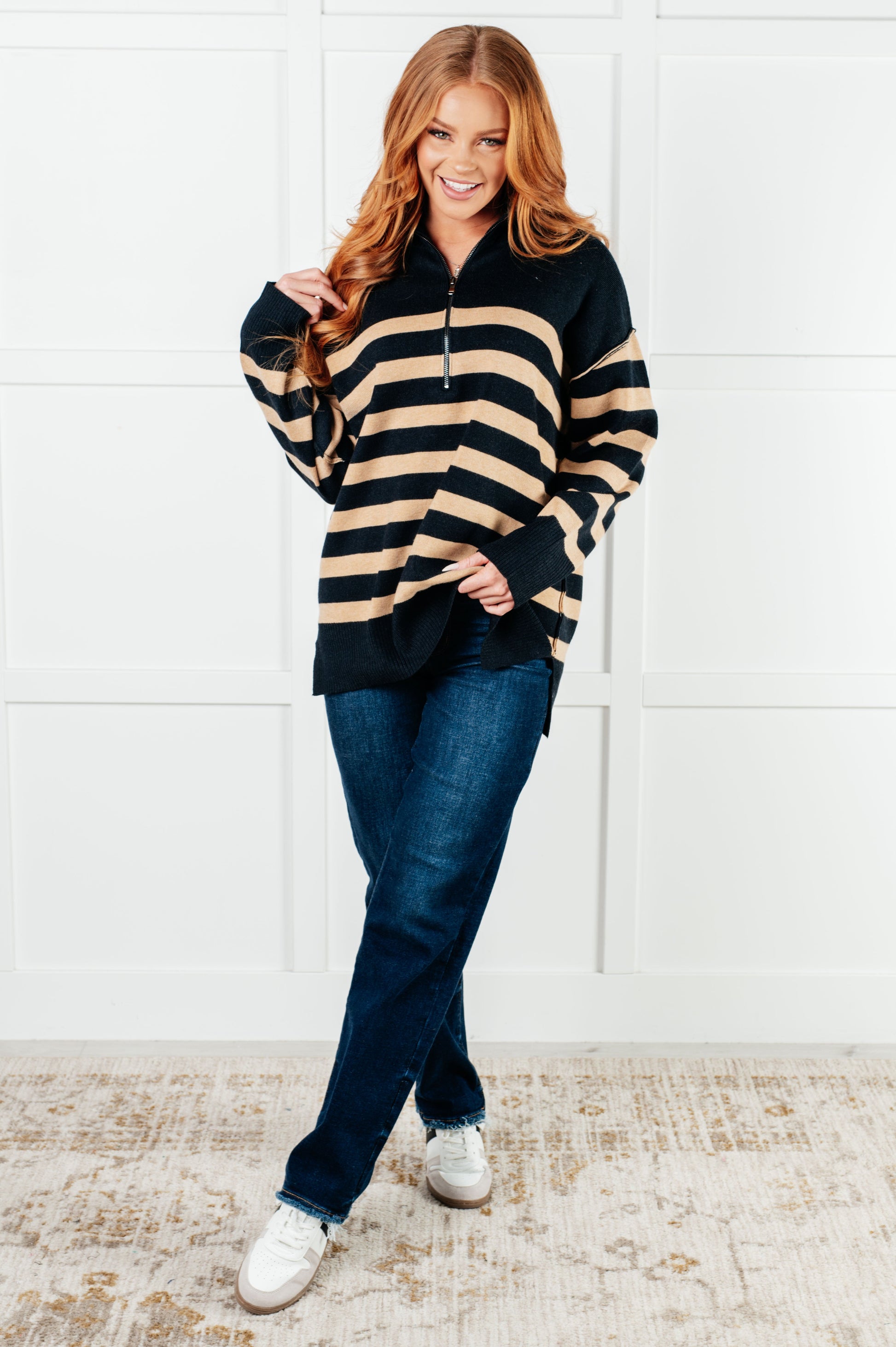 Well Situated Striped Quarter Zip Sweater in Black and Tan-Tops-Modish Lily, Tecumseh Michigan