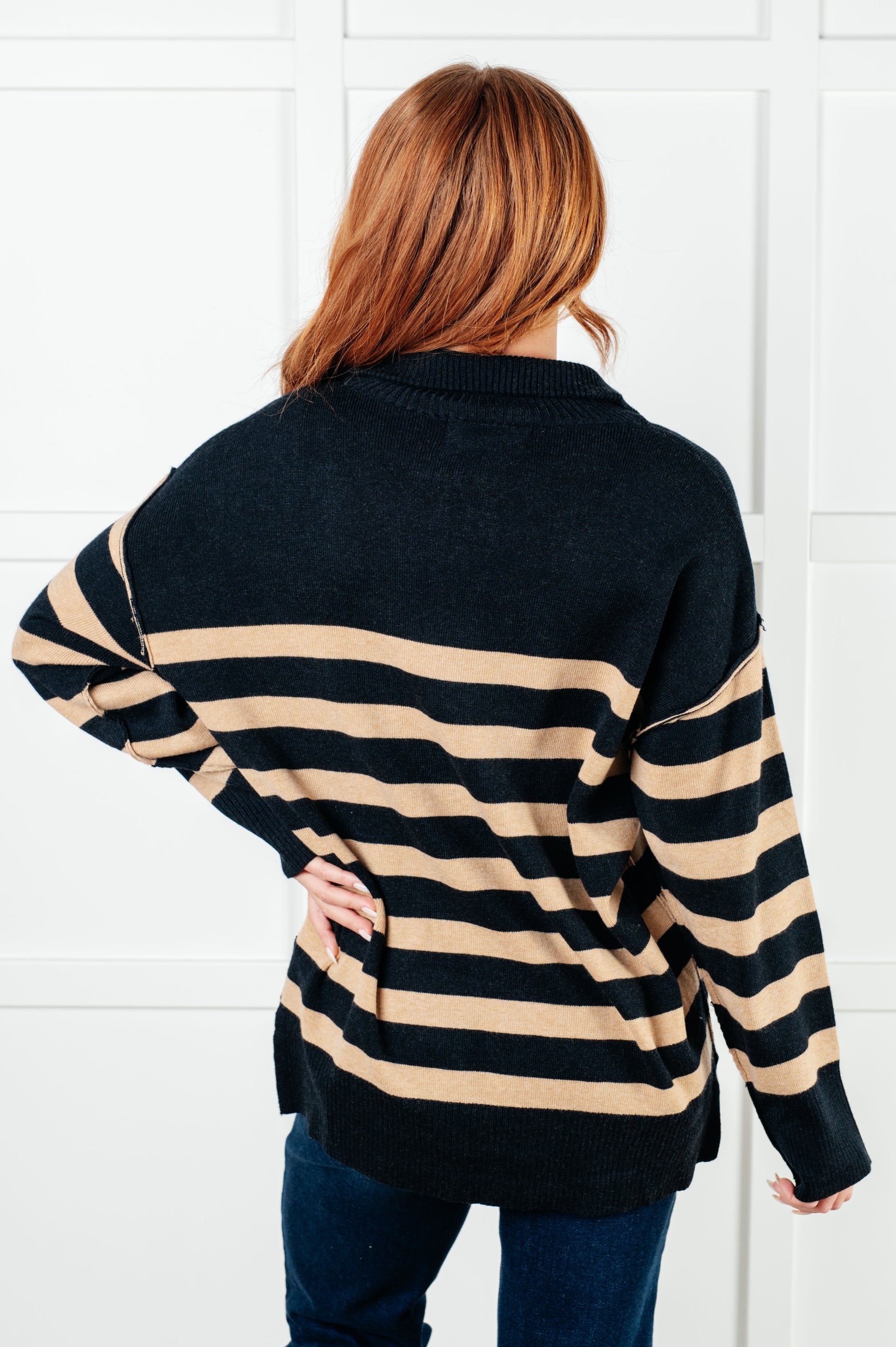 Well Situated Striped Quarter Zip Sweater in Black and Tan-Tops-Modish Lily, Tecumseh Michigan