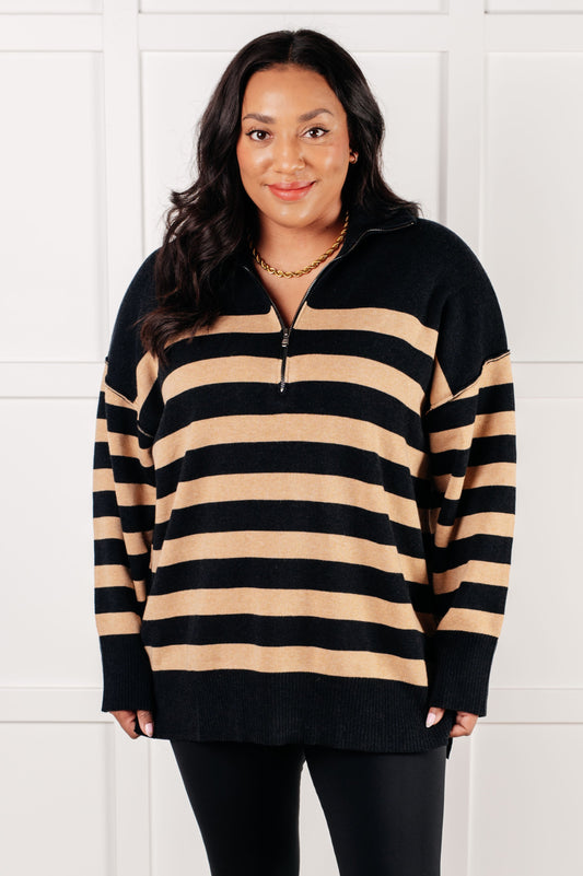 Well Situated Striped Quarter Zip Sweater in Black and Tan-Tops-Modish Lily, Tecumseh Michigan